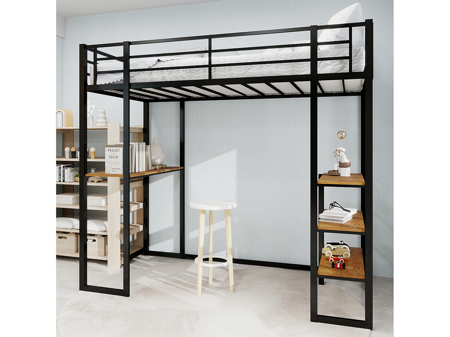 Lit mezzanine noir 90x190cm avec bureau et étagère, métal + bois, sans matelas