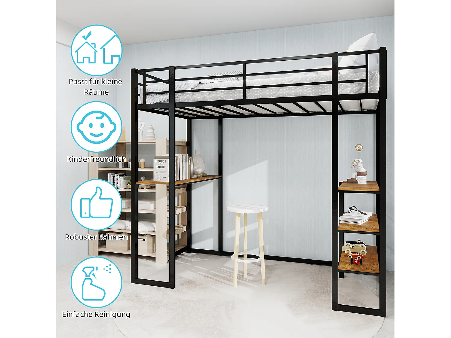 Lit mezzanine noir 90x190cm avec bureau et étagère, métal + bois, sans matelas