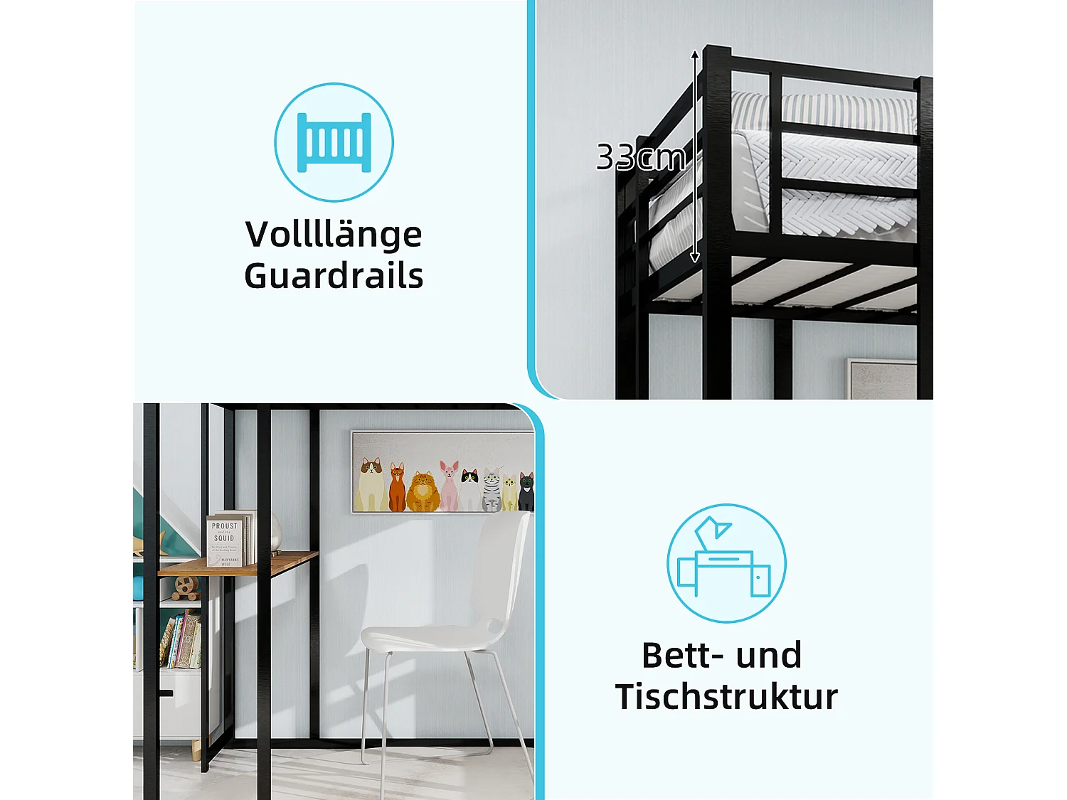 Lit mezzanine noir 90x190cm avec bureau et étagère, métal + bois, sans matelas