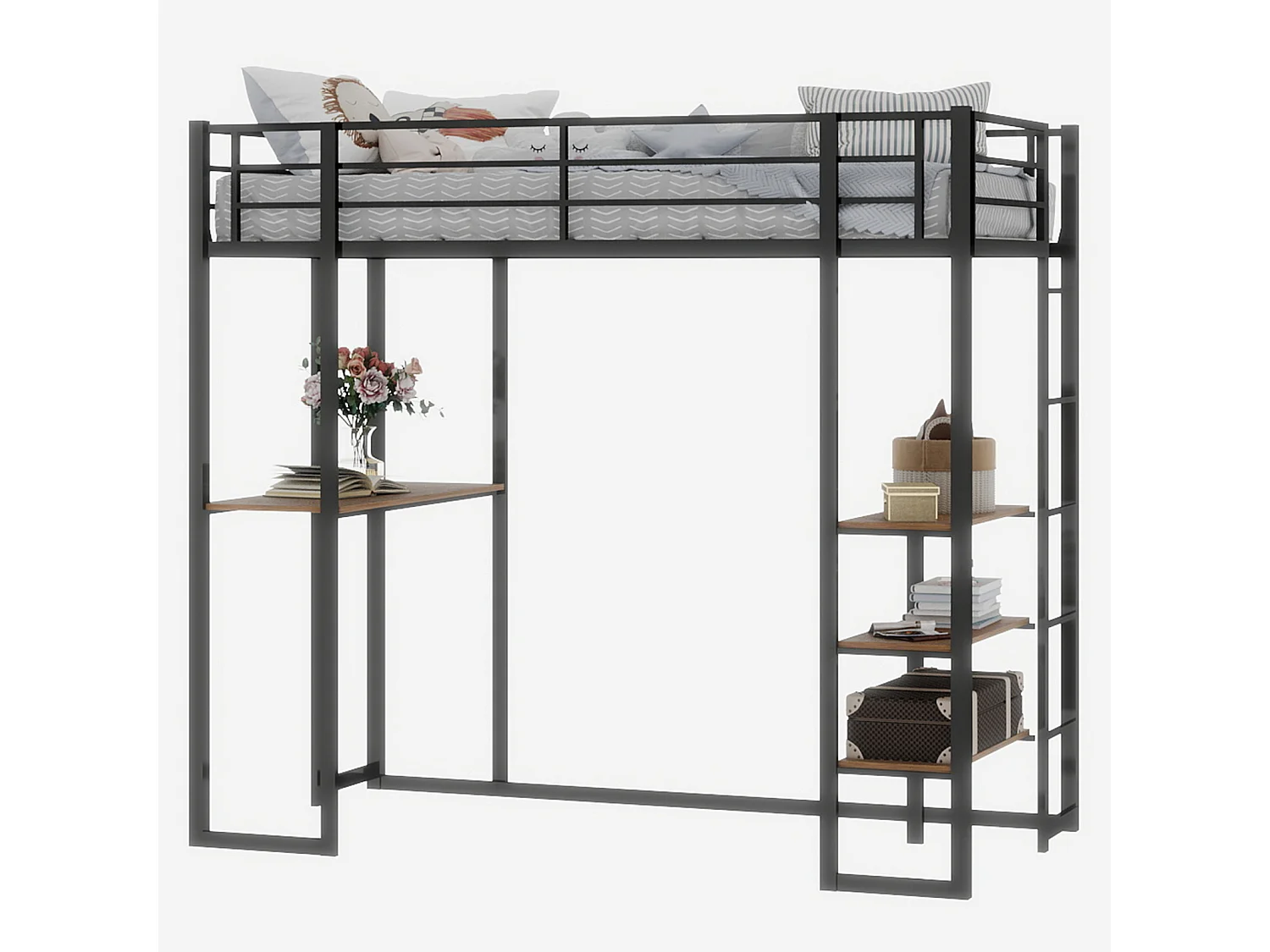 Lit mezzanine noir 90x190cm avec bureau et étagère, métal + bois, sans matelas