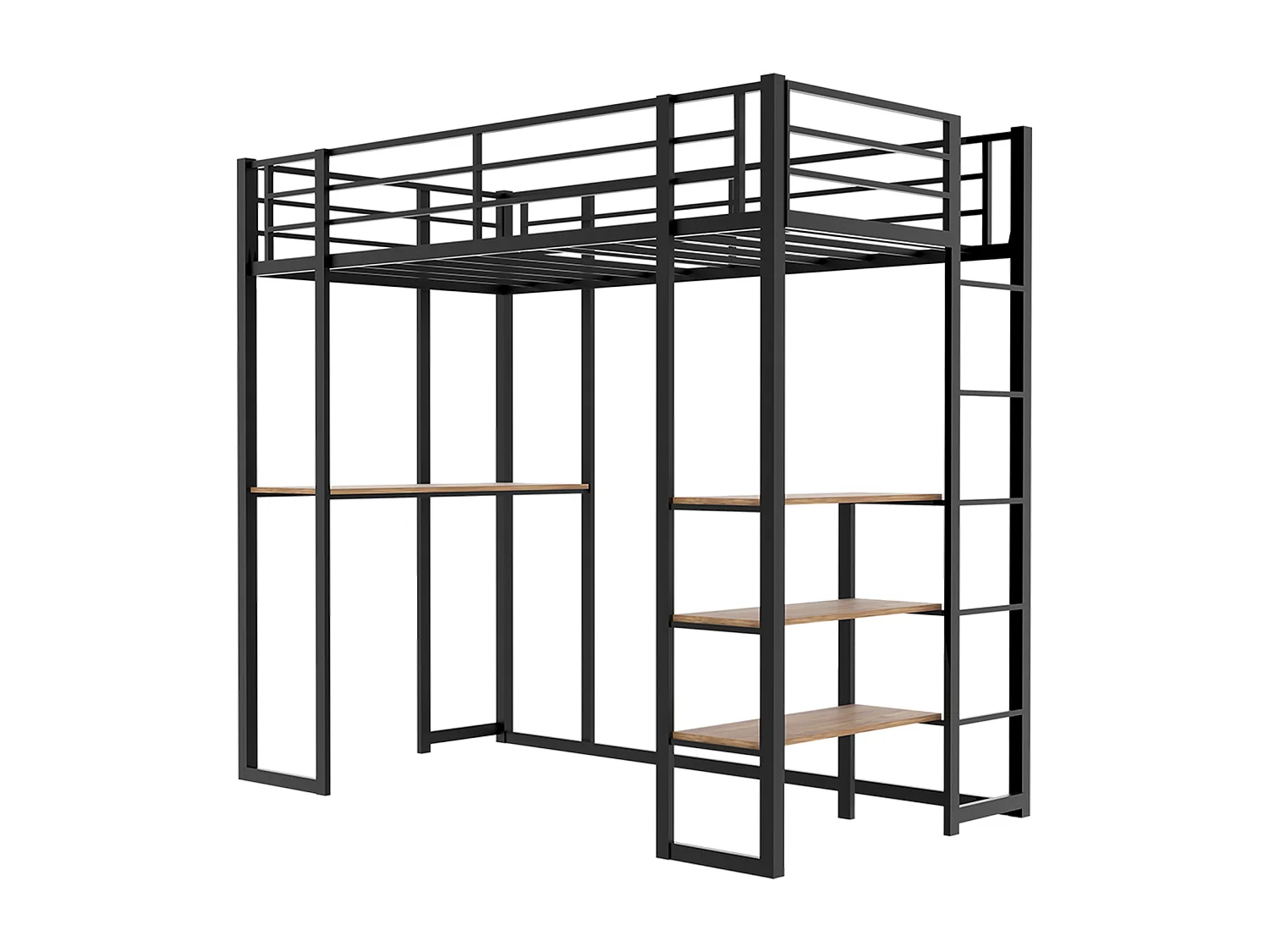 Lit mezzanine noir 90x190cm avec bureau et étagère, métal + bois, sans matelas