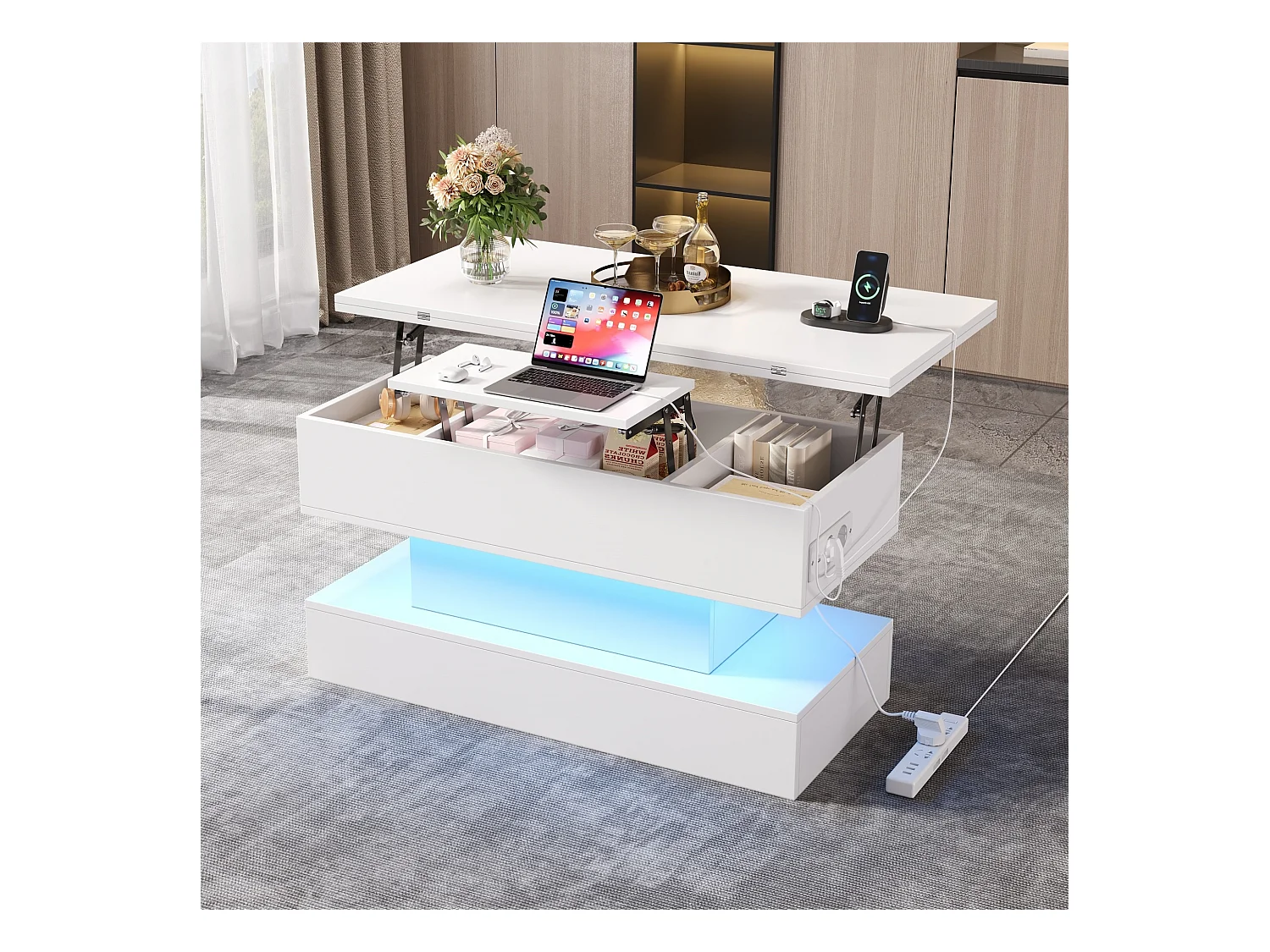 Tavolino da caffè sollevabile bianco con presa di ricarica, illuminazione a LED e spazio di archiviazione, 100 x 50 x 51,5 cm