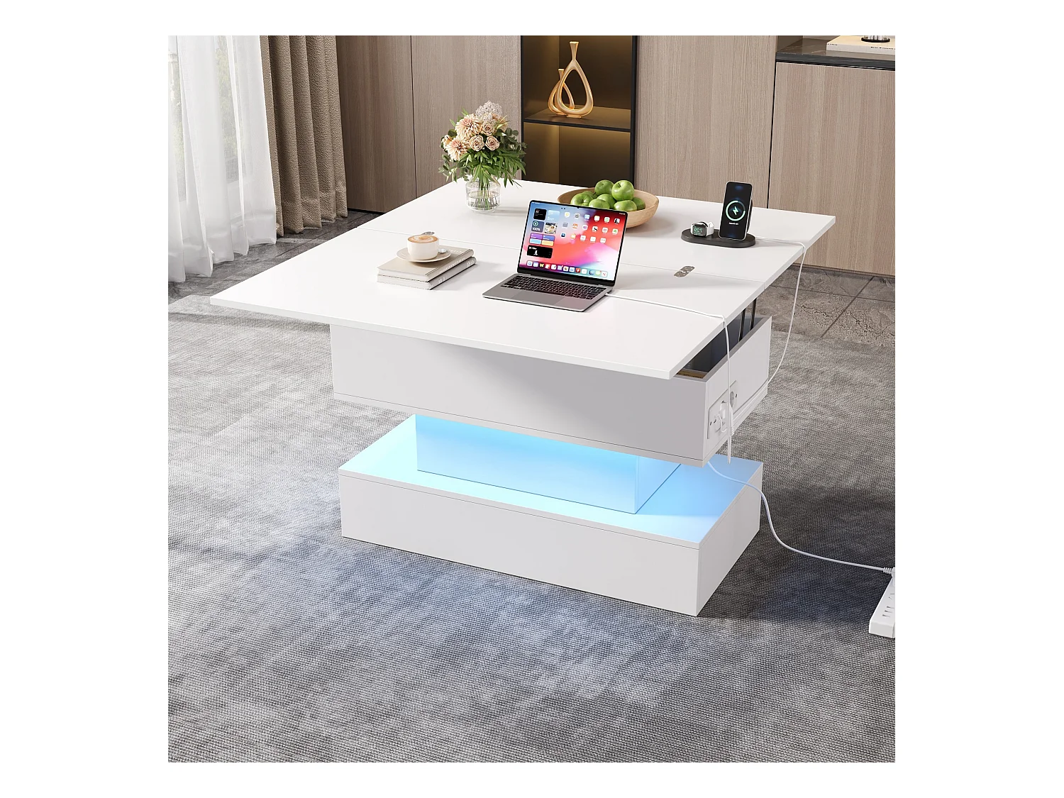 Tavolino da caffè sollevabile bianco con presa di ricarica, illuminazione a LED e spazio di archiviazione, 100 x 50 x 51,5 cm