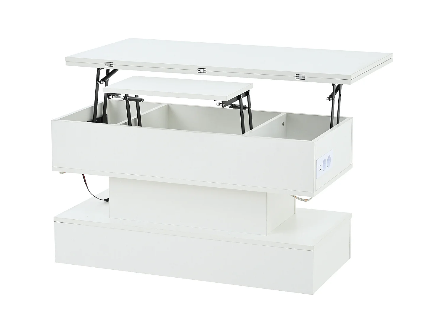 Tavolino da caffè sollevabile bianco con presa di ricarica, illuminazione a LED e spazio di archiviazione, 100 x 50 x 51,5 cm