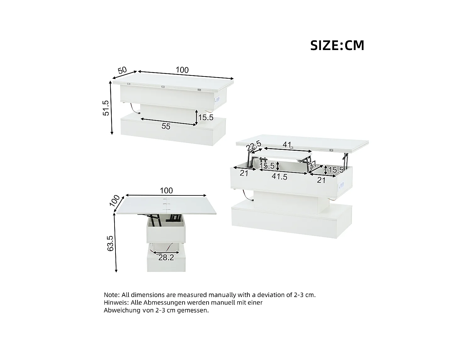 Tavolino da caffè sollevabile bianco con presa di ricarica, illuminazione a LED e spazio di archiviazione, 100 x 50 x 51,5 cm