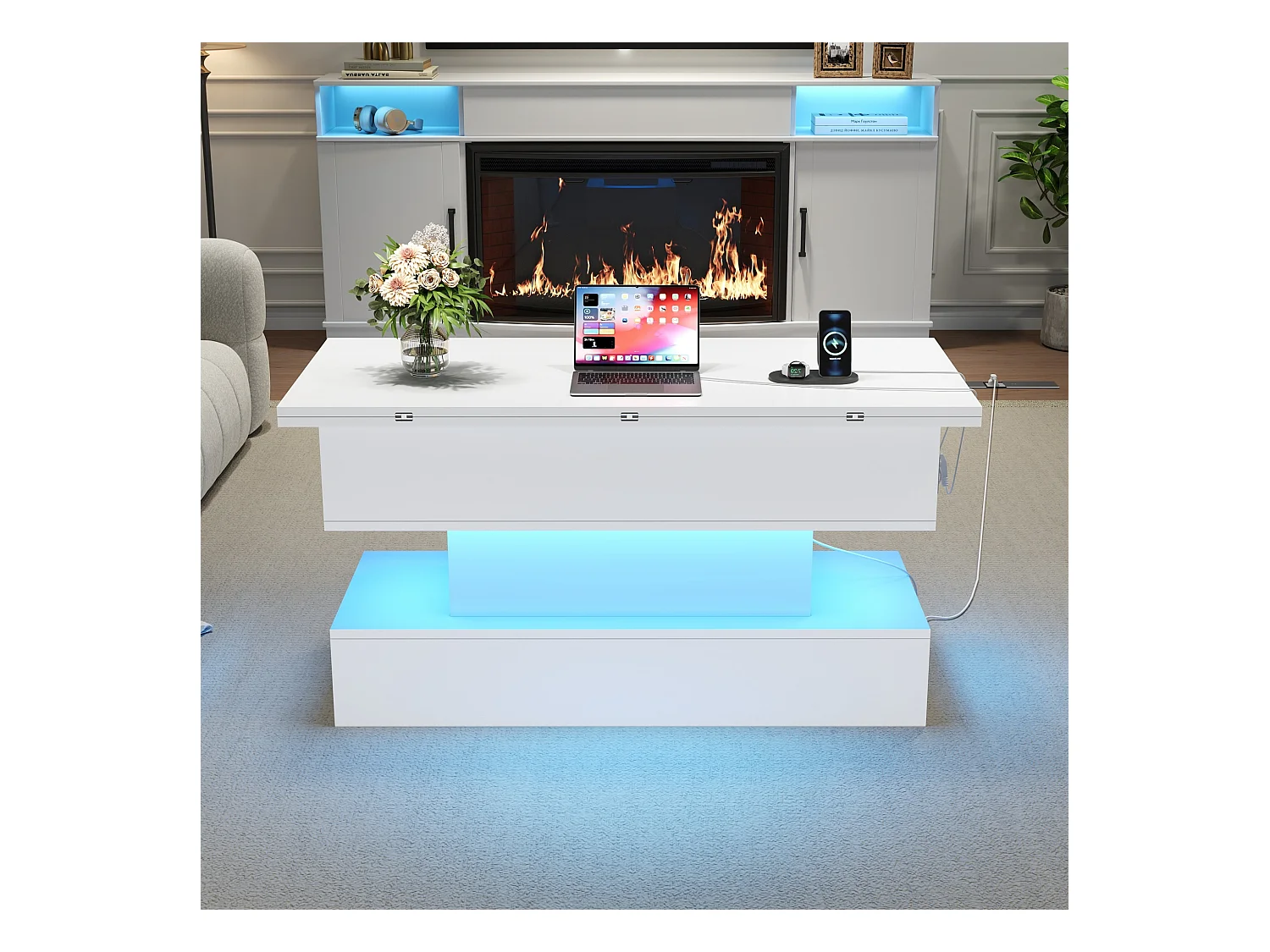 Tavolino da caffè sollevabile bianco con presa di ricarica, illuminazione a LED e spazio di archiviazione, 100 x 50 x 51,5 cm