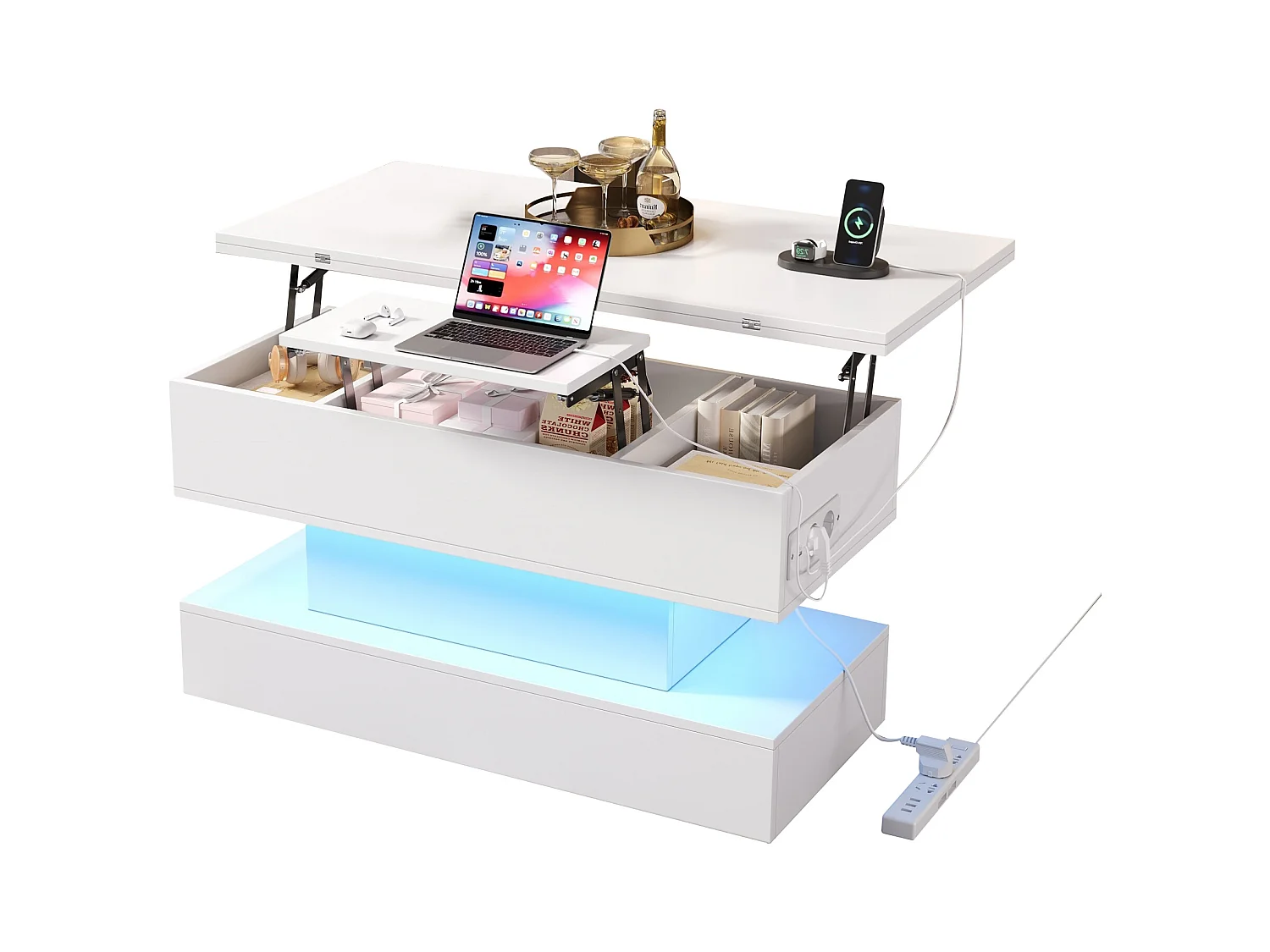 Tavolino da caffè sollevabile bianco con presa di ricarica, illuminazione a LED e spazio di archiviazione, 100 x 50 x 51,5 cm