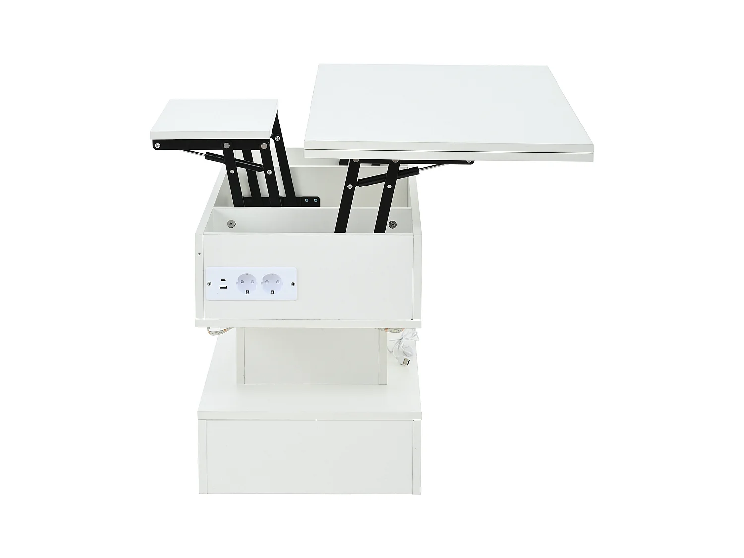 Tavolino da caffè sollevabile bianco con presa di ricarica, illuminazione a LED e spazio di archiviazione, 100 x 50 x 51,5 cm