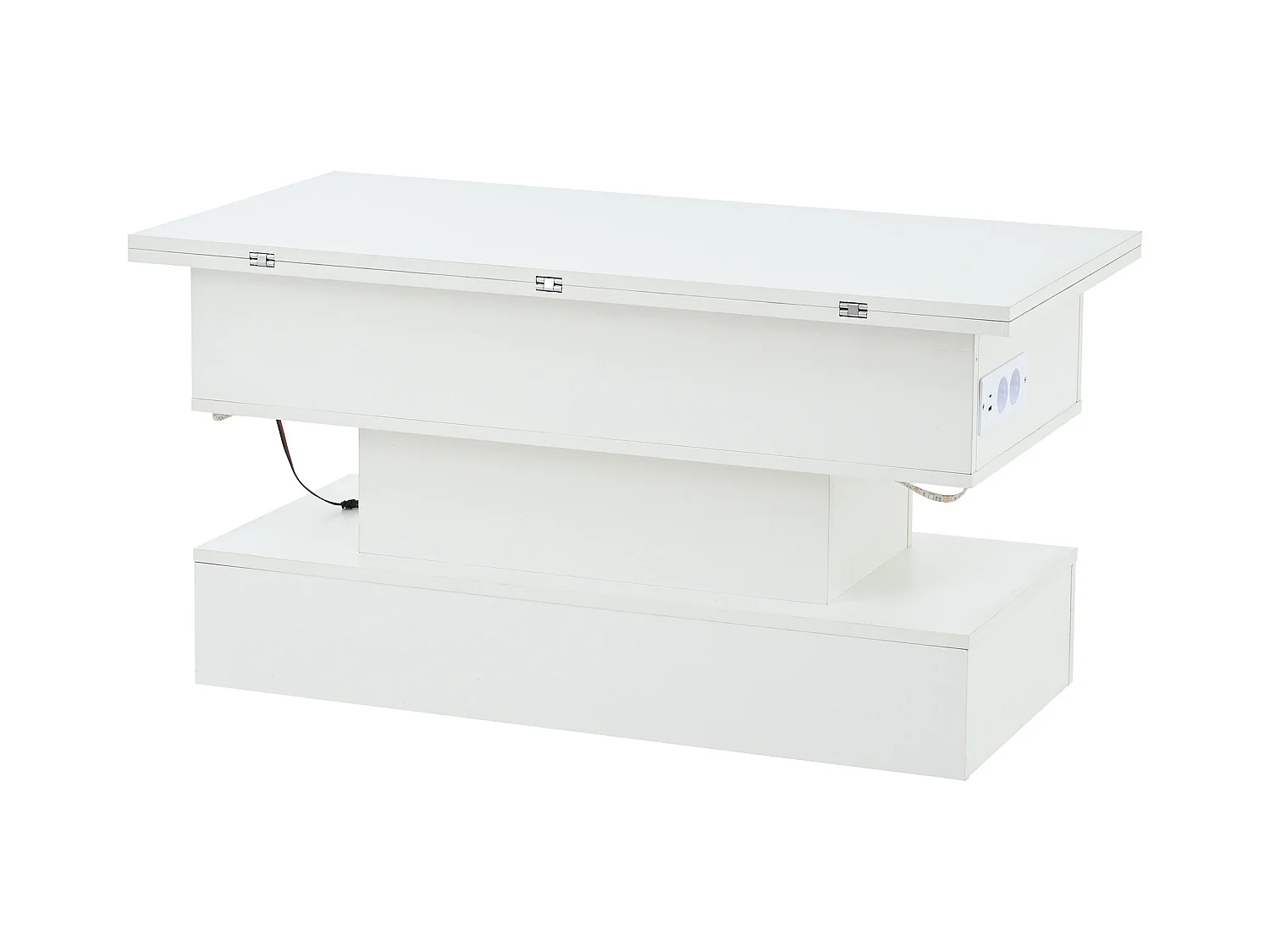 Tavolino da caffè sollevabile bianco con presa di ricarica, illuminazione a LED e spazio di archiviazione, 100 x 50 x 51,5 cm