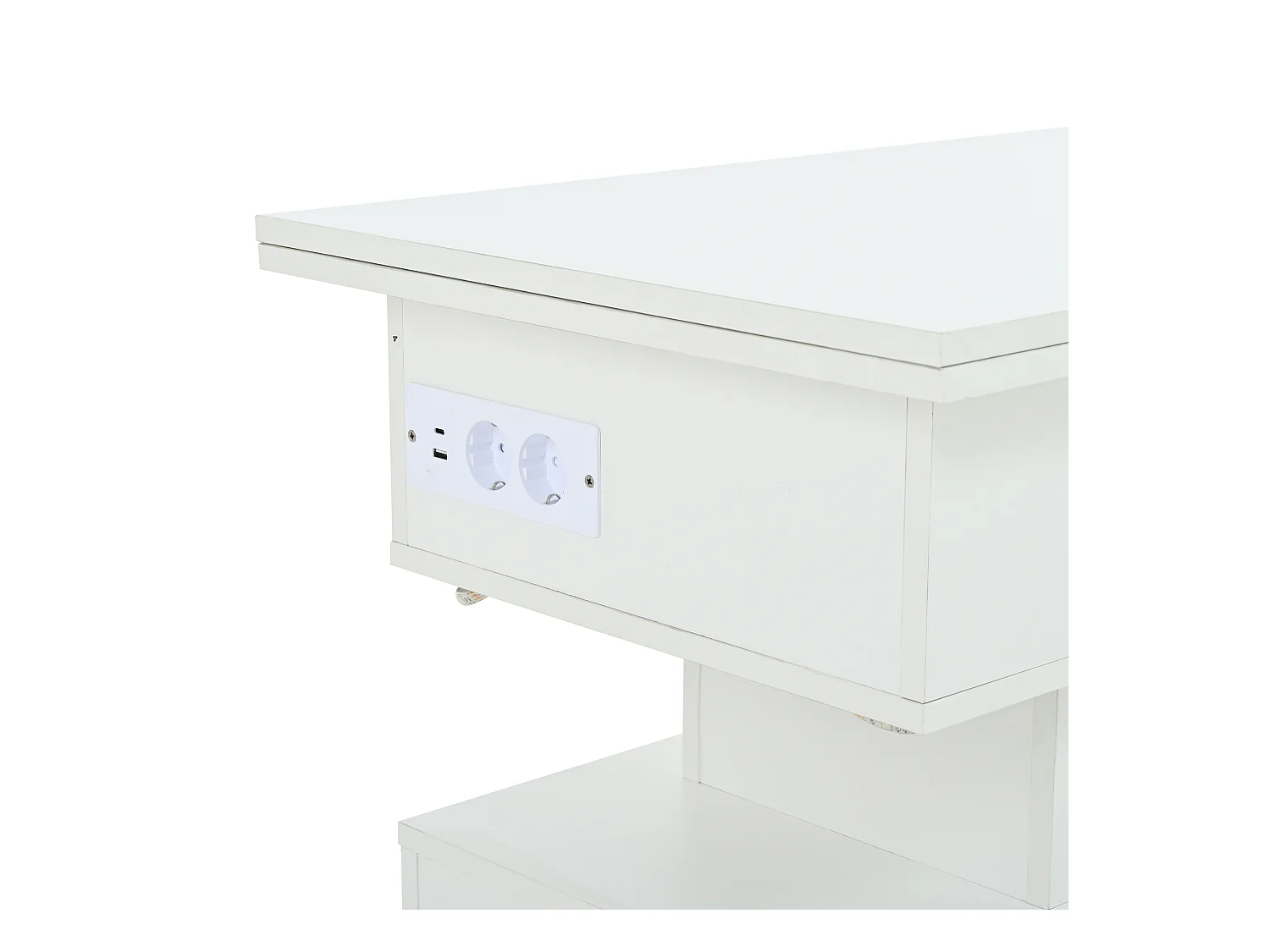 Tavolino da caffè sollevabile bianco con presa di ricarica, illuminazione a LED e spazio di archiviazione, 100 x 50 x 51,5 cm