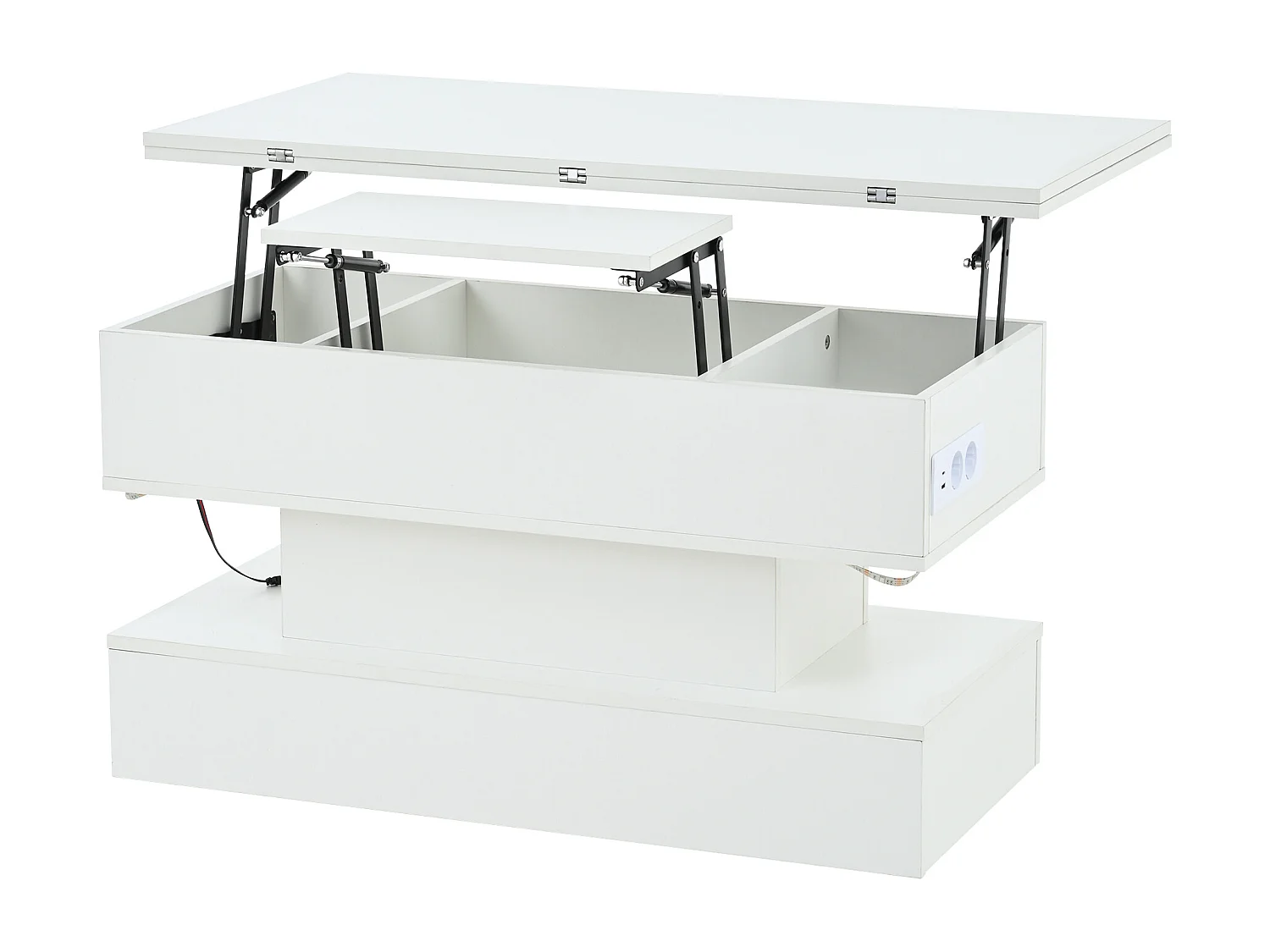 Table basse relevable blanche avec prise de charge, éclairage LED et rangement, 100 x 50 x 51,5 cm