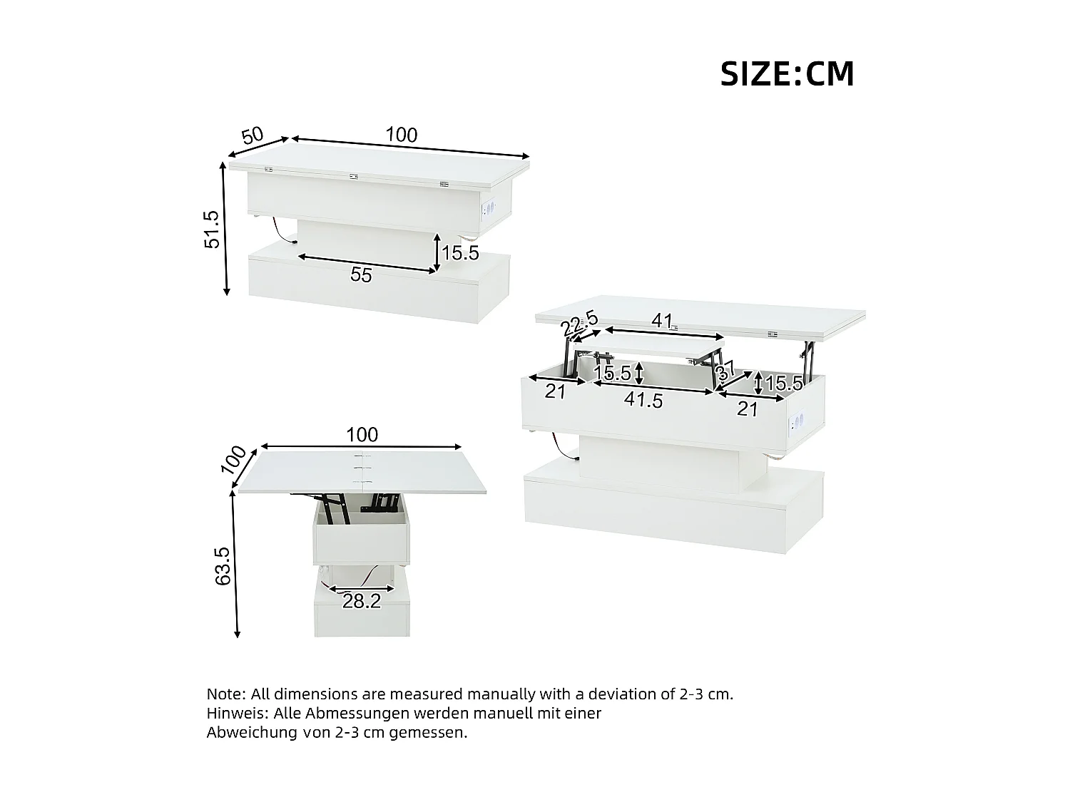Table basse relevable blanche avec prise de charge, éclairage LED et rangement, 100 x 50 x 51,5 cm