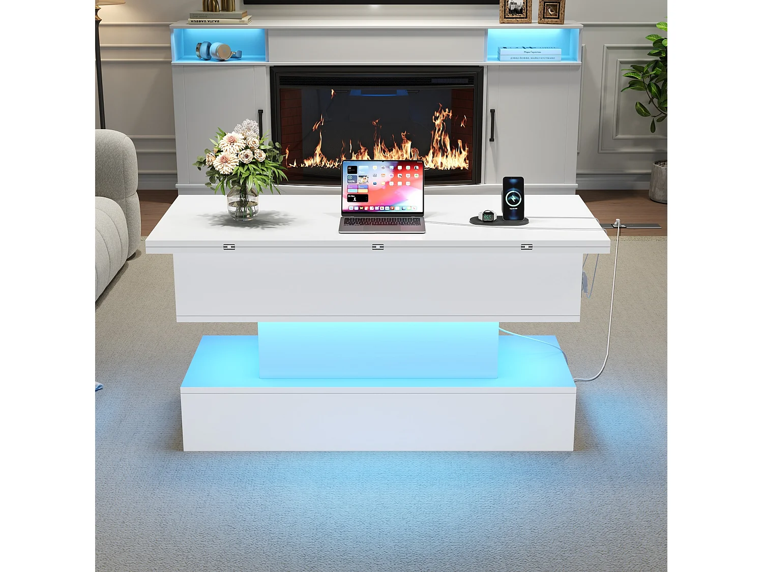 Table basse relevable blanche avec prise de charge, éclairage LED et rangement, 100 x 50 x 51,5 cm