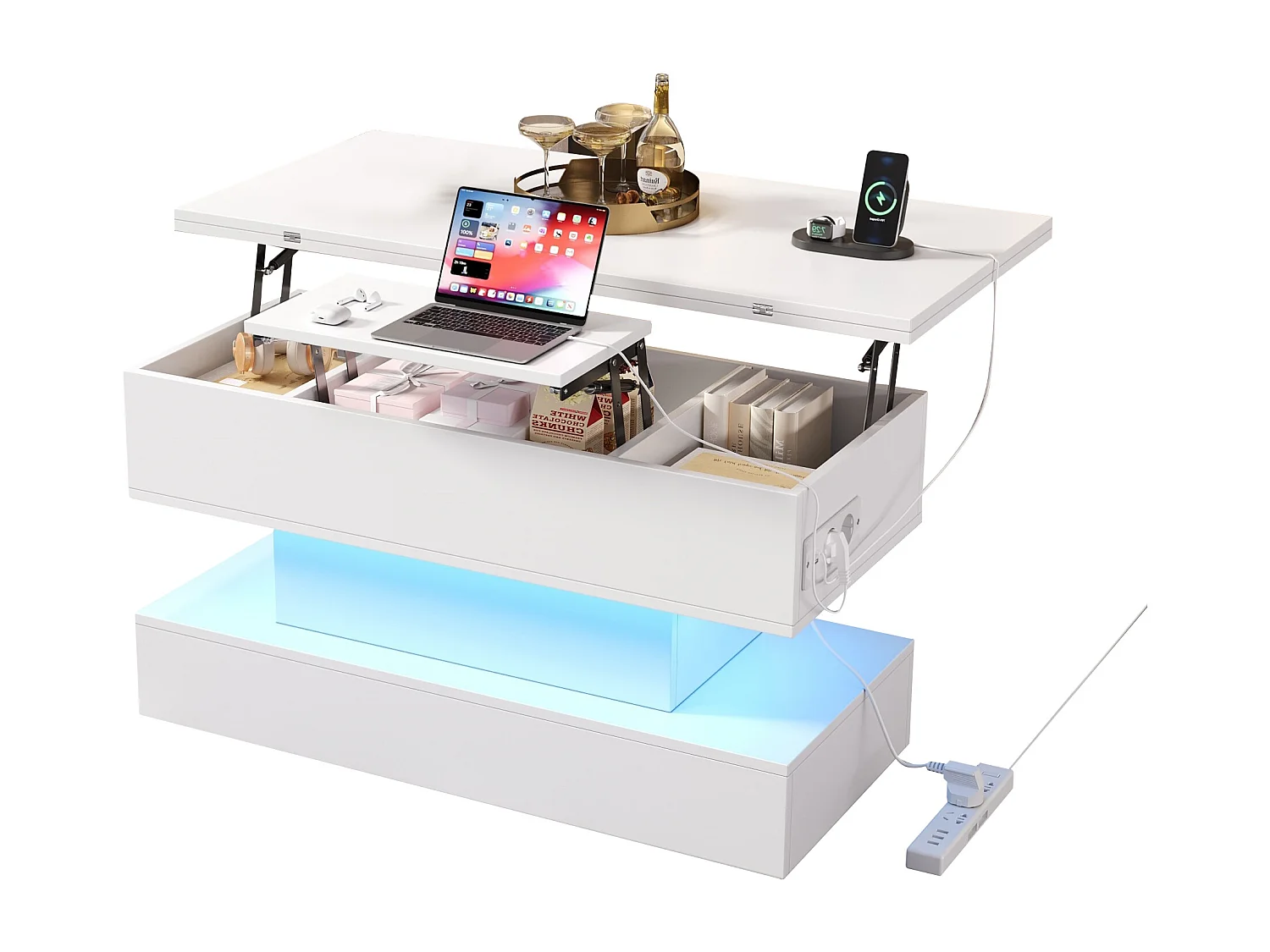 Table basse relevable blanche avec prise de charge, éclairage LED et rangement, 100 x 50 x 51,5 cm