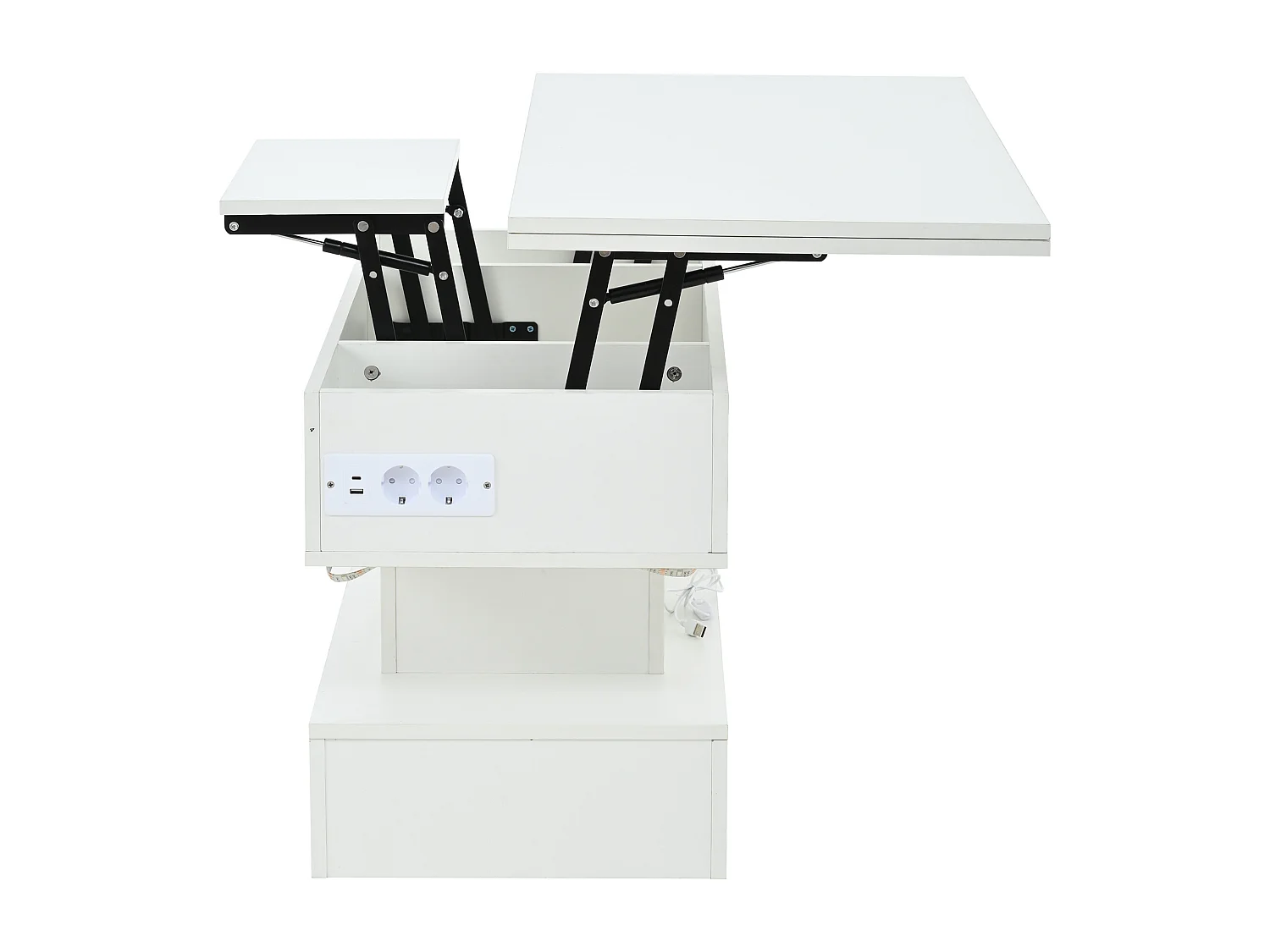 Table basse relevable blanche avec prise de charge, éclairage LED et rangement, 100 x 50 x 51,5 cm