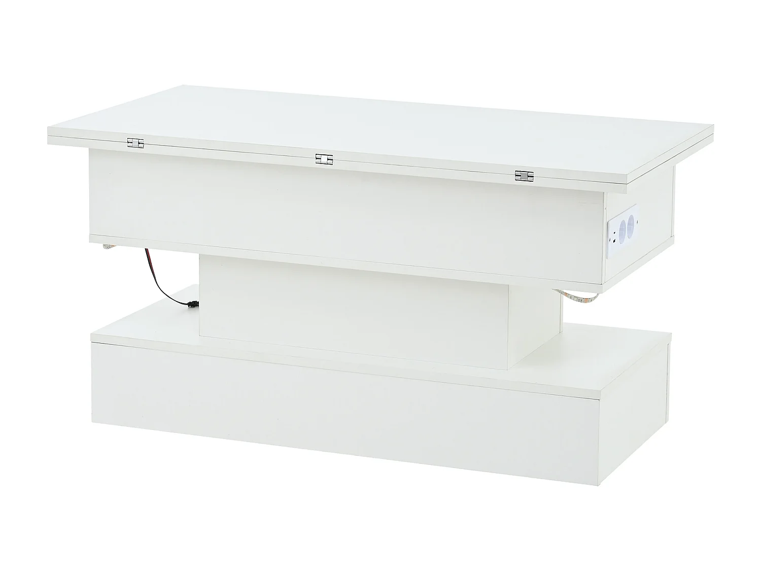Table basse relevable blanche avec prise de charge, éclairage LED et rangement, 100 x 50 x 51,5 cm
