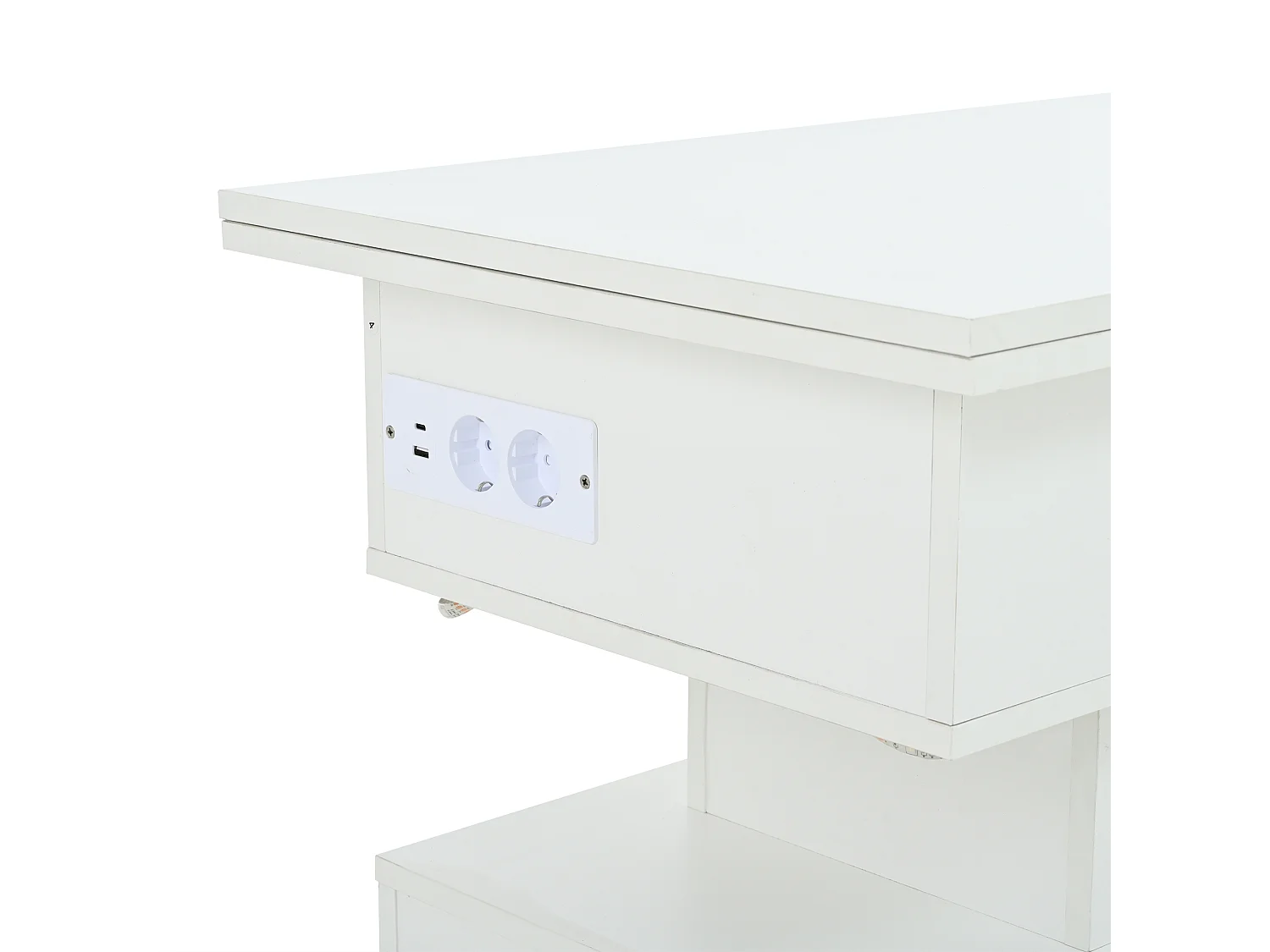 Table basse relevable blanche avec prise de charge, éclairage LED et rangement, 100 x 50 x 51,5 cm