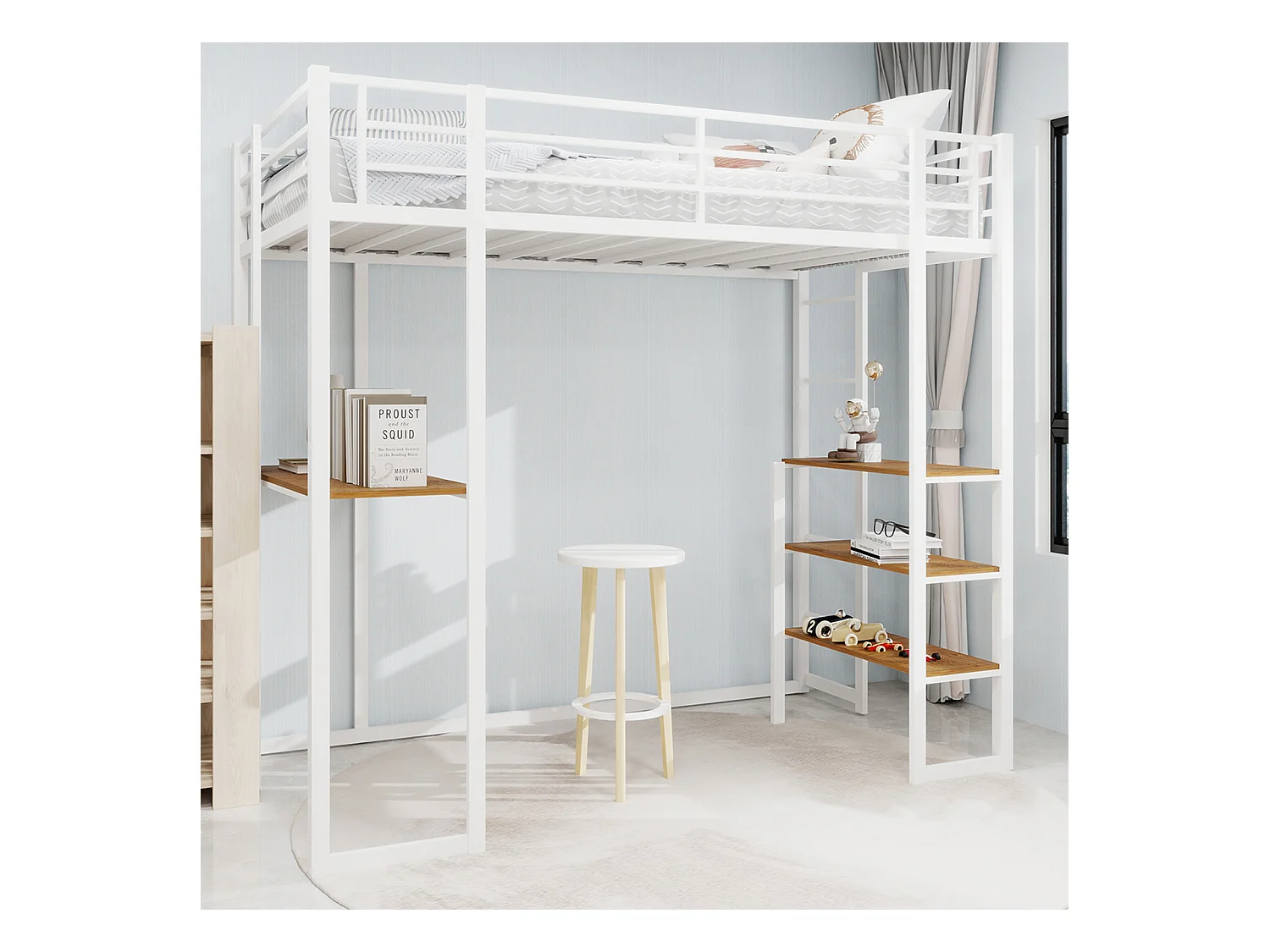 Letto a soppalco bianco 90x190cm con scrivania e ripiano, metallo + legno, senza materasso