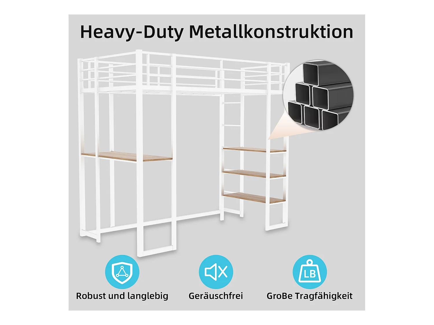 Letto a soppalco bianco 90x190cm con scrivania e ripiano, metallo + legno, senza materasso