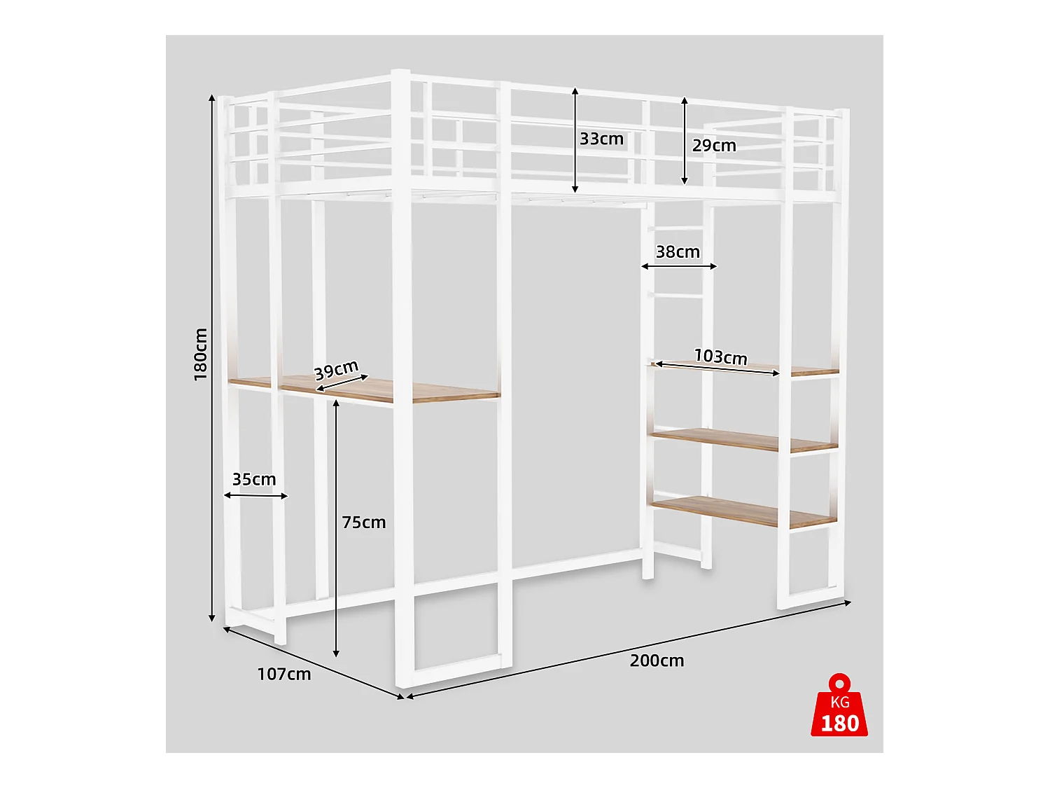 Letto a soppalco bianco 90x190cm con scrivania e ripiano, metallo + legno, senza materasso
