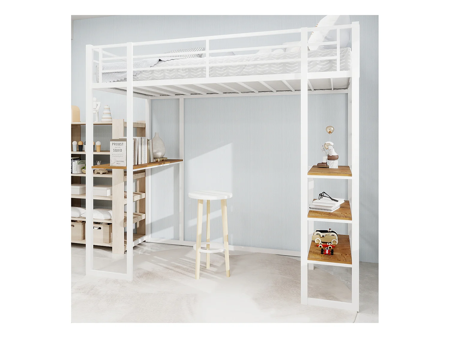 Letto a soppalco bianco 90x190cm con scrivania e ripiano, metallo + legno, senza materasso