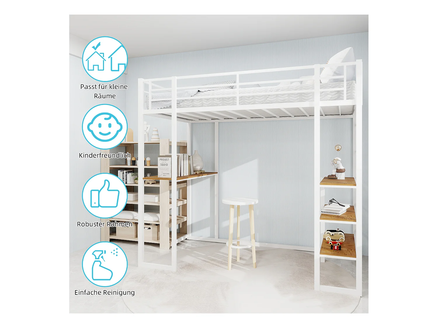 Letto a soppalco bianco 90x190cm con scrivania e ripiano, metallo + legno, senza materasso