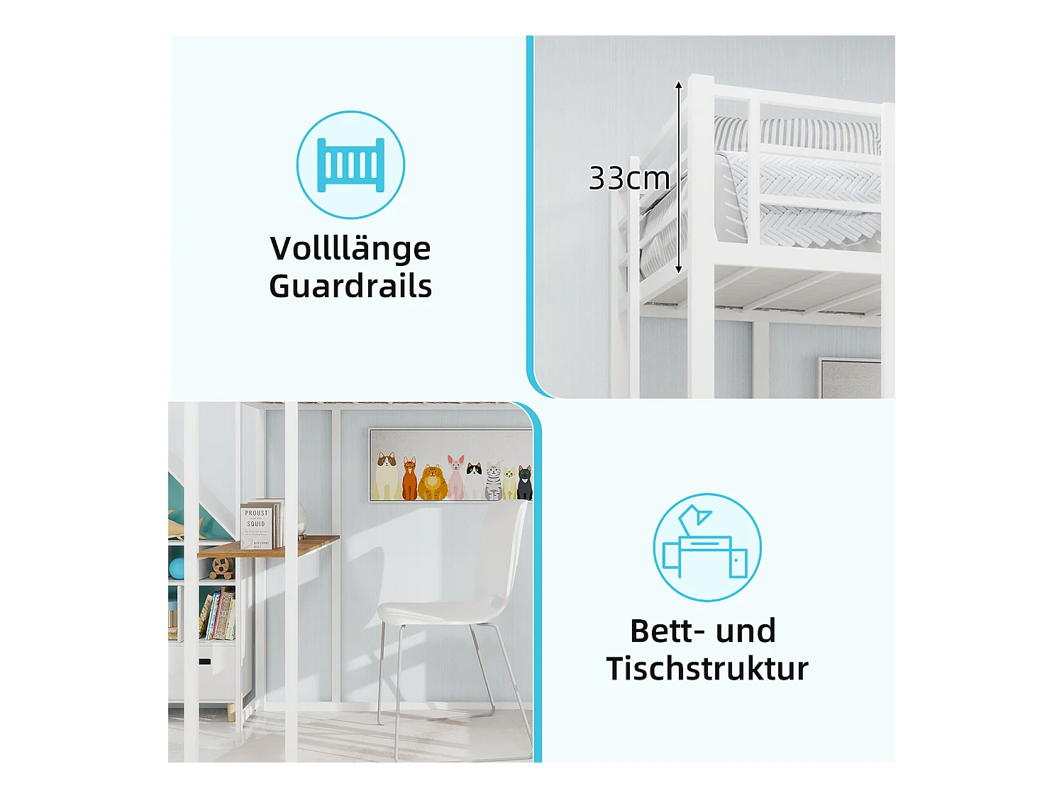 Letto a soppalco bianco 90x190cm con scrivania e ripiano, metallo + legno, senza materasso