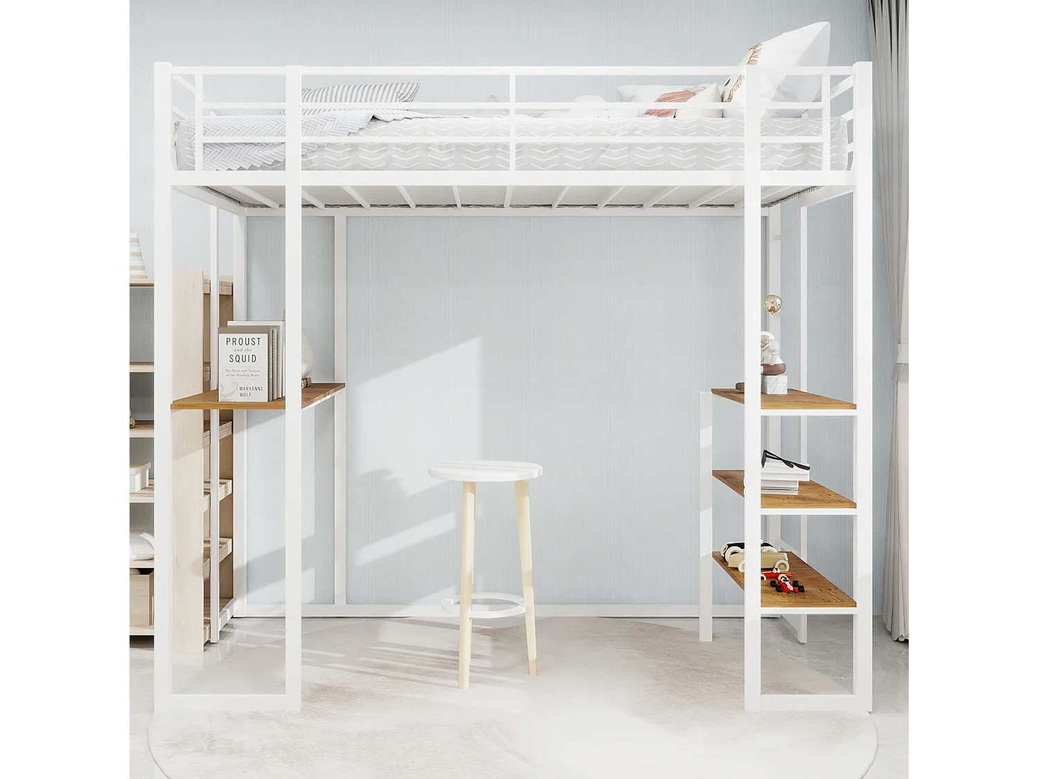 Wit mezzaninebed 90x190cm met bureau en plank, metaal + hout, zonder matras