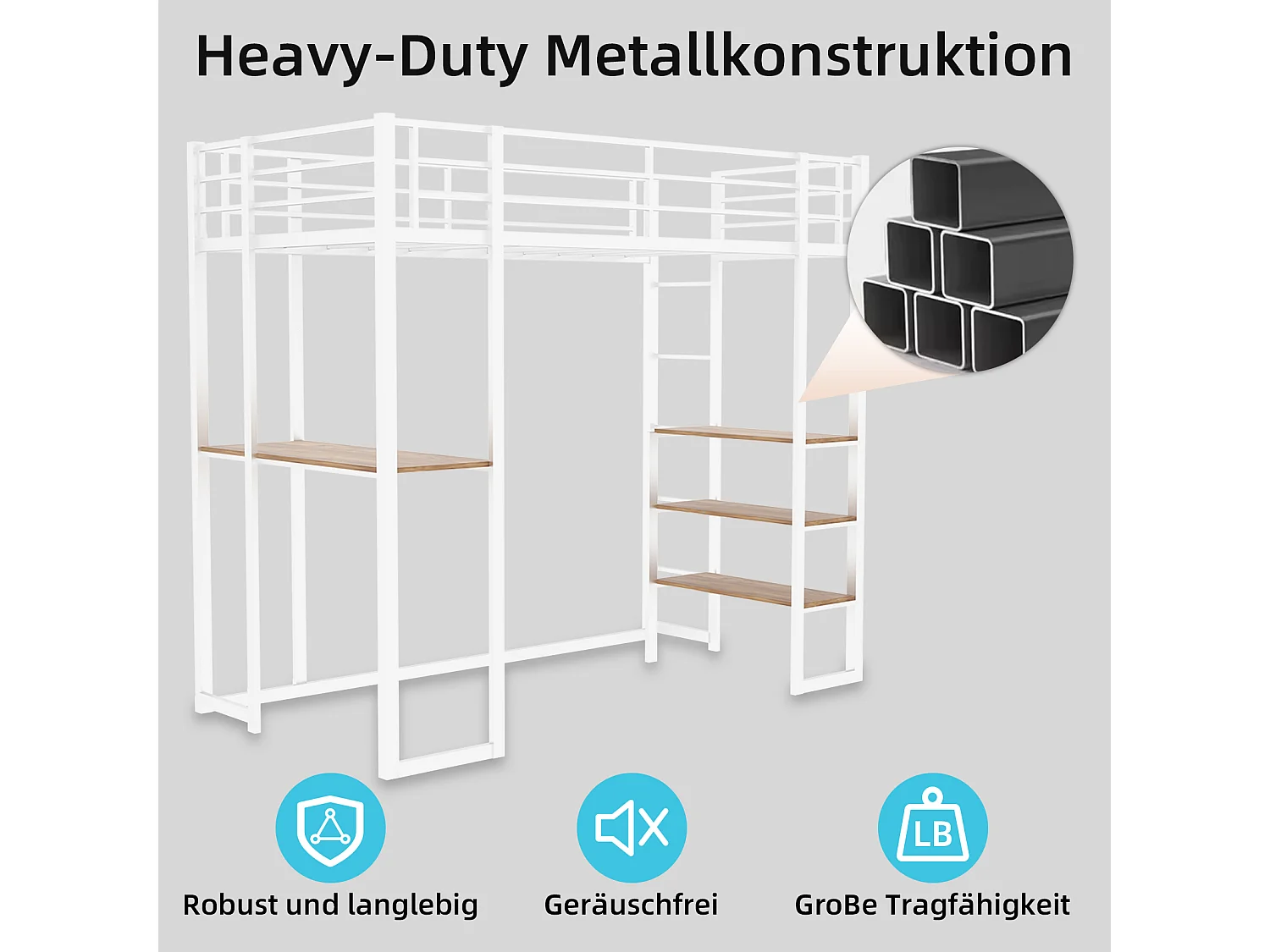 Wit mezzaninebed 90x190cm met bureau en plank, metaal + hout, zonder matras