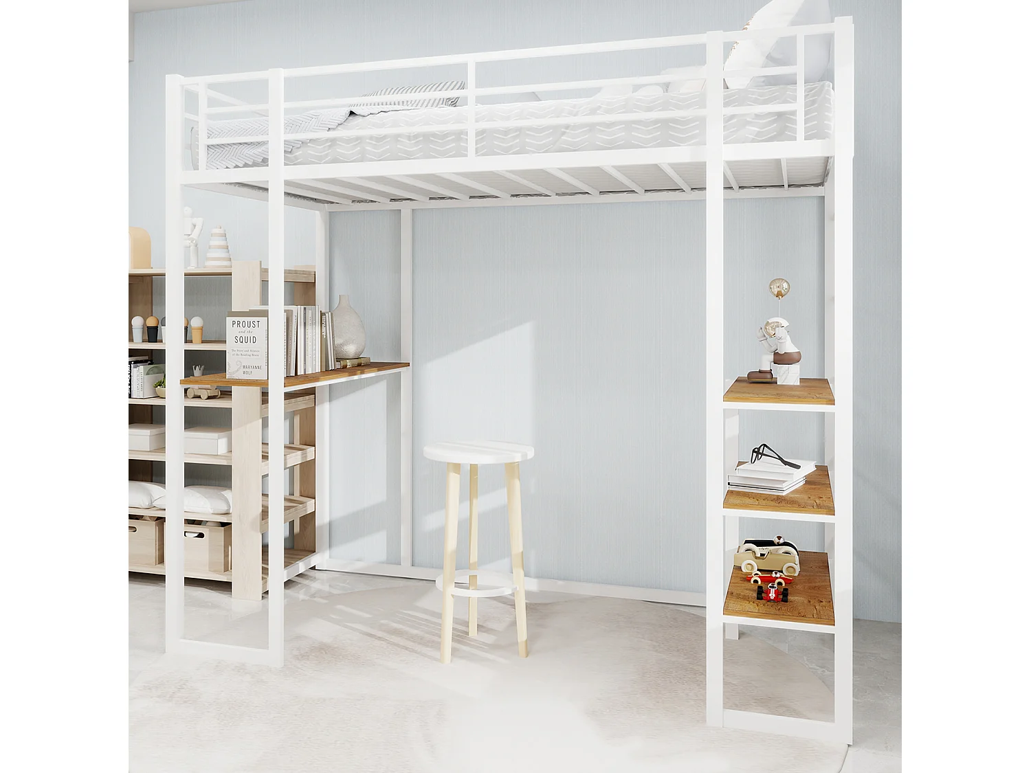 Wit mezzaninebed 90x190cm met bureau en plank, metaal + hout, zonder matras