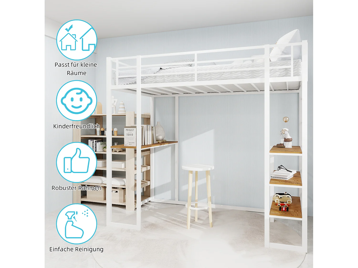 Wit mezzaninebed 90x190cm met bureau en plank, metaal + hout, zonder matras