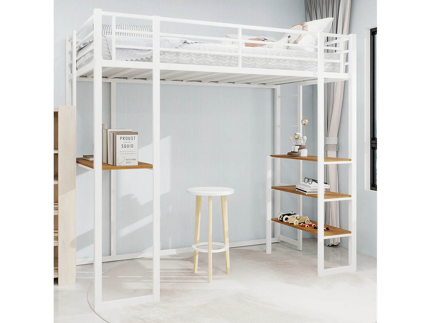 Lit mezzanine blanc 90x190cm avec bureau et étagère, métal + bois, sans matelas