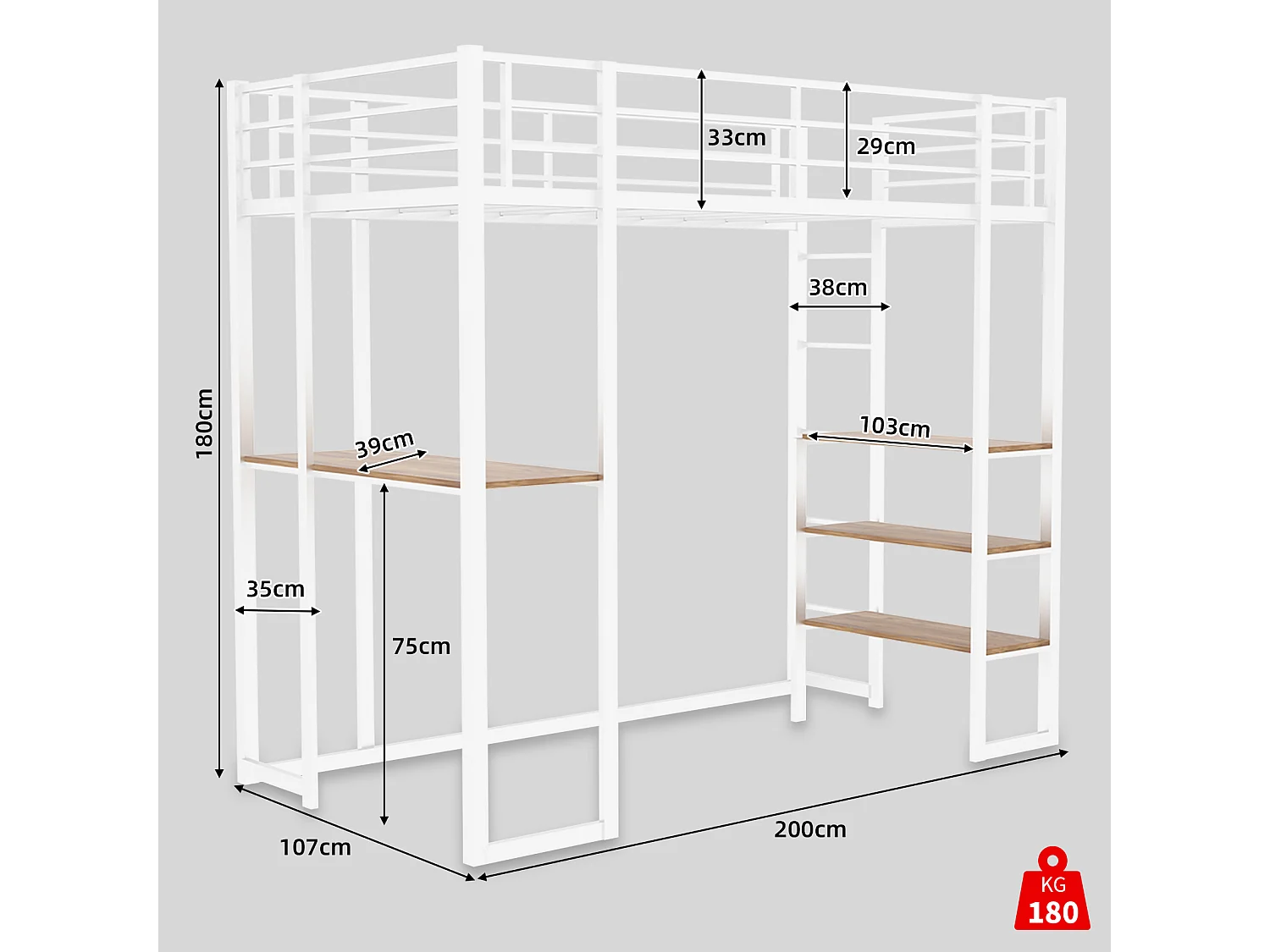 Lit mezzanine blanc 90x190cm avec bureau et étagère, métal + bois, sans matelas