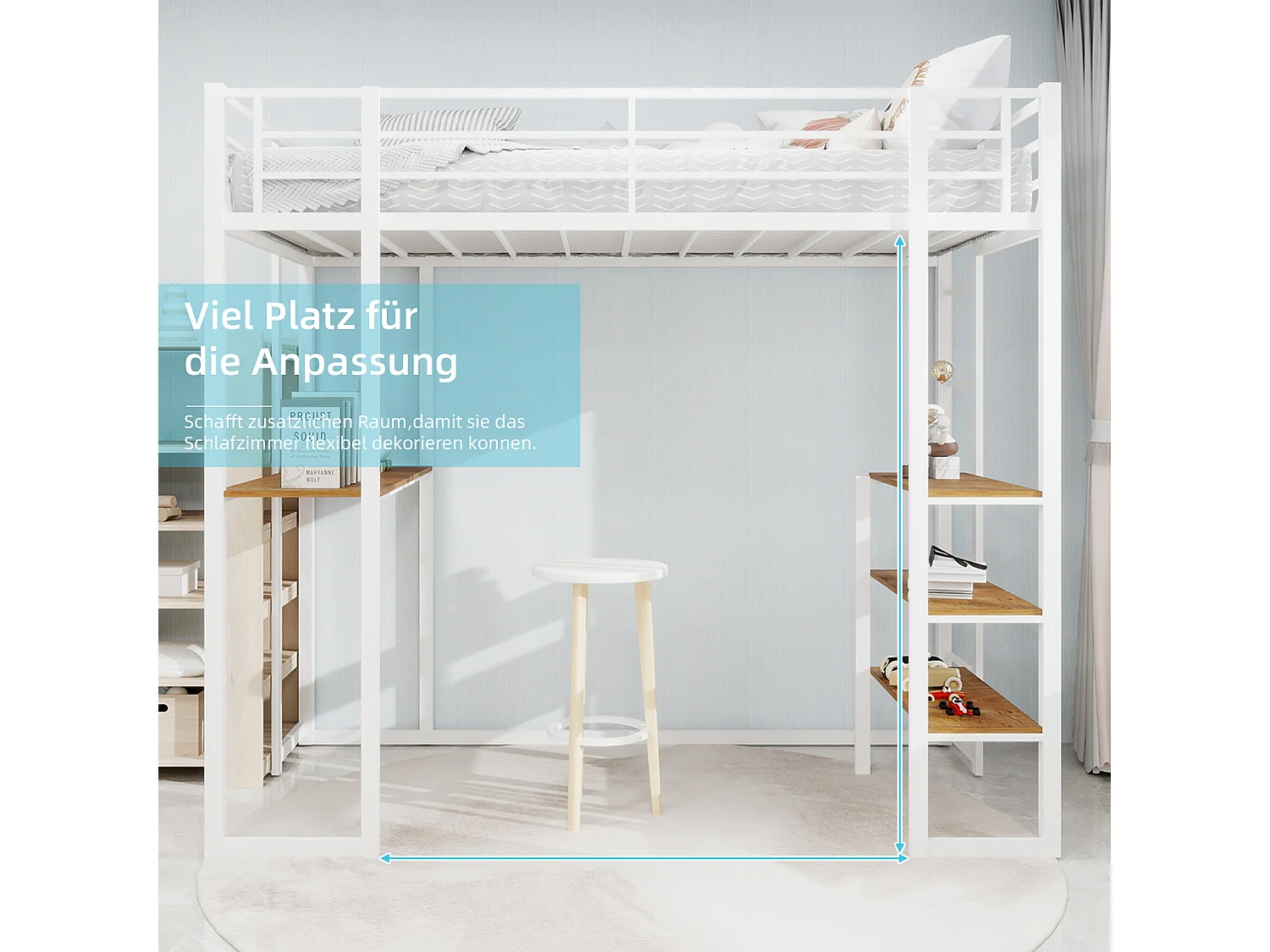 Lit mezzanine blanc 90x190cm avec bureau et étagère, métal + bois, sans matelas