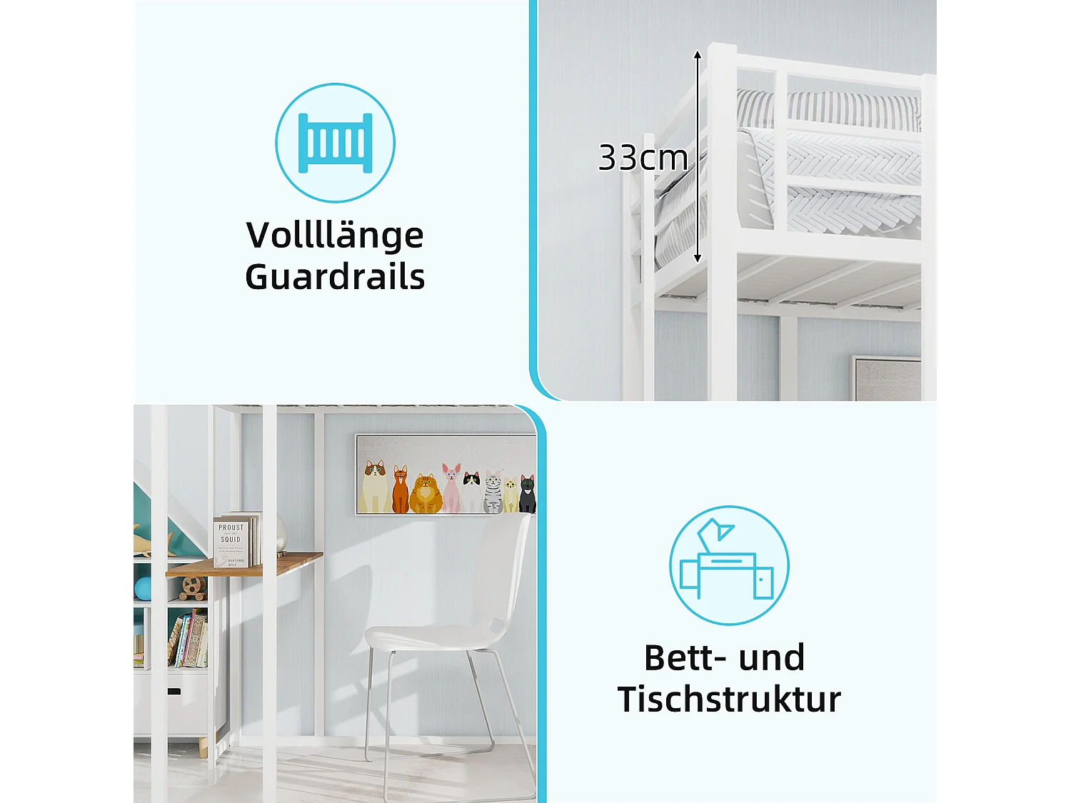 Lit mezzanine blanc 90x190cm avec bureau et étagère, métal + bois, sans matelas