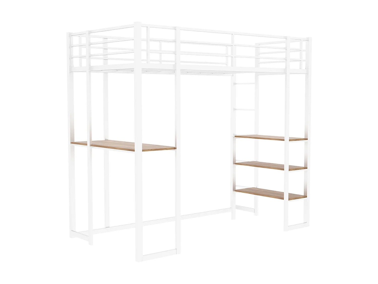Lit mezzanine blanc 90x190cm avec bureau et étagère, métal + bois, sans matelas