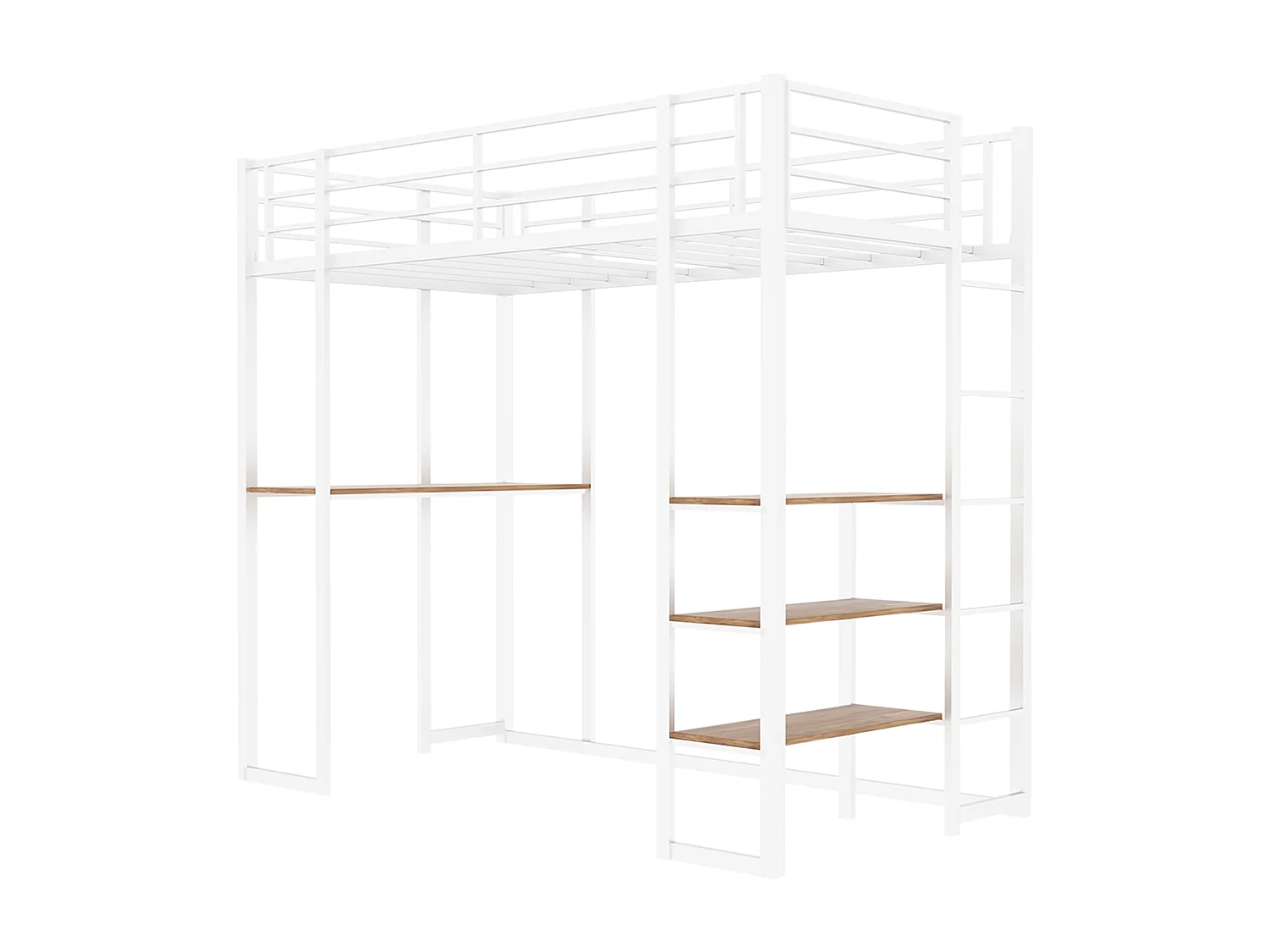 Lit mezzanine blanc 90x190cm avec bureau et étagère, métal + bois, sans matelas