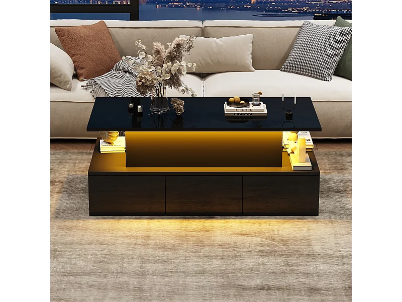 Table basse relevable - 100 x 50 x 40cm - avec 4 tiroirs + Leds + rangement caché - MDF - noir
