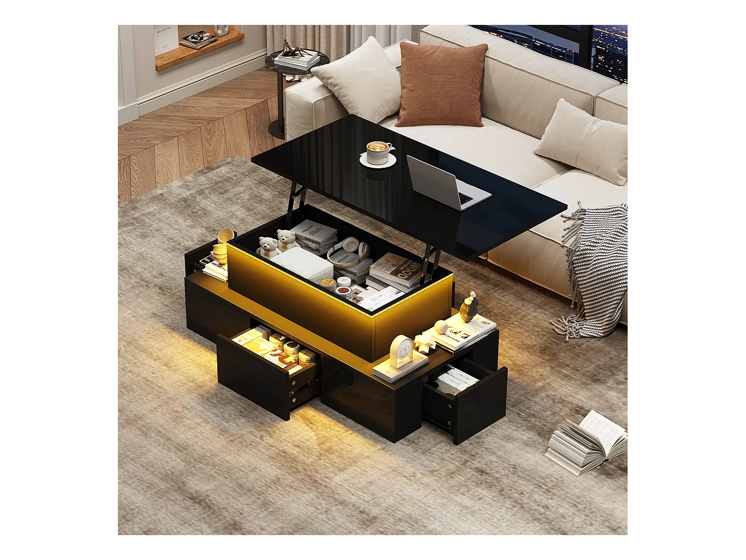 Table basse relevable - 100 x 50 x 40cm - avec 4 tiroirs + Leds + rangement caché - MDF - noir