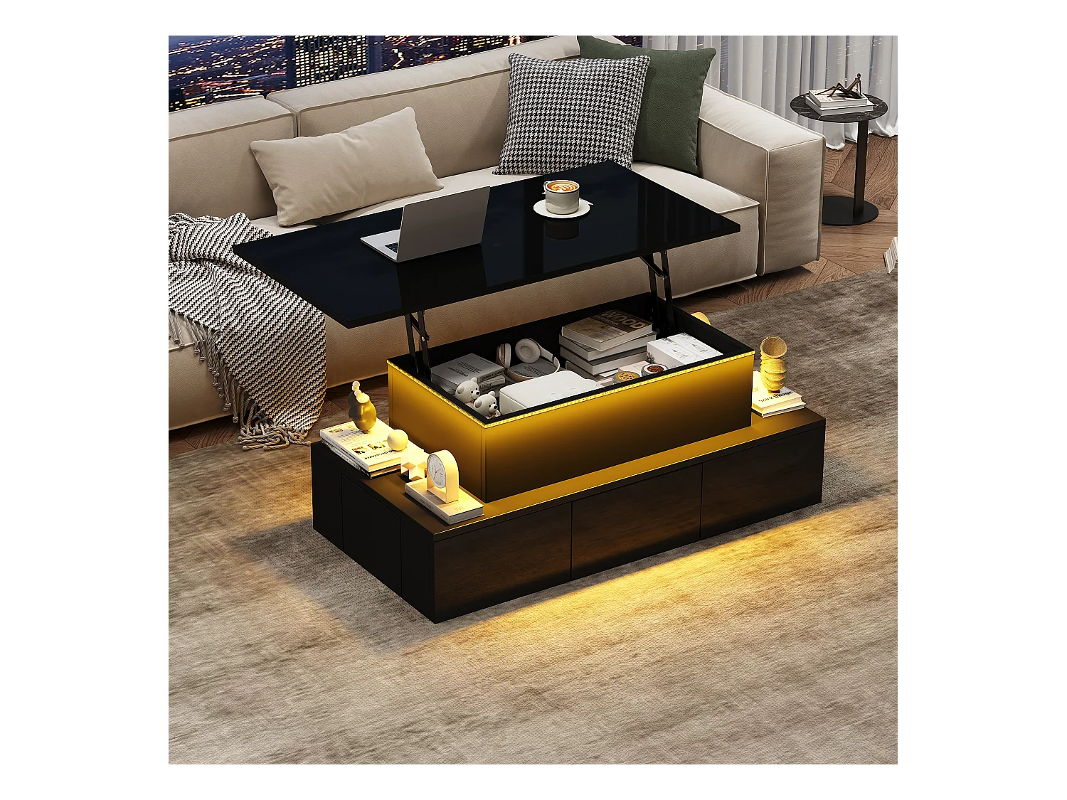 Table basse relevable - 100 x 50 x 40cm - avec 4 tiroirs + Leds + rangement caché - MDF - noir
