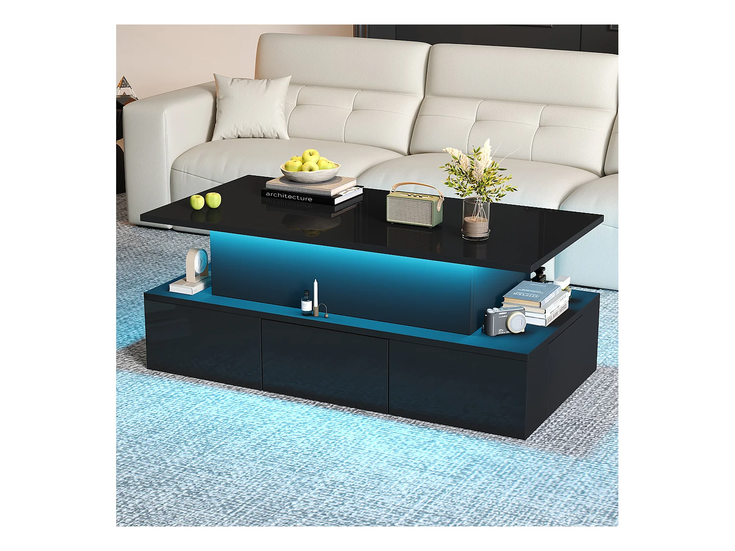 Table basse relevable - 100 x 50 x 40cm - avec 4 tiroirs + Leds + rangement caché - MDF - noir