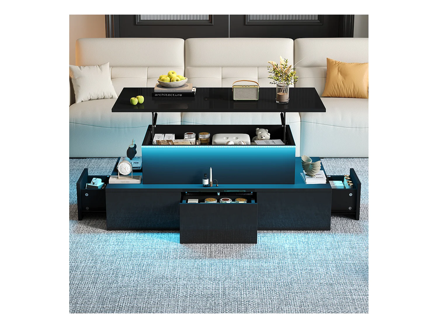 Table basse relevable - 100 x 50 x 40cm - avec 4 tiroirs + Leds + rangement caché - MDF - noir