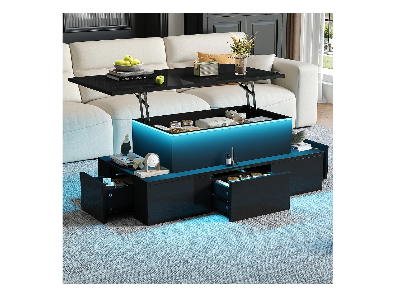 Table basse relevable - 100 x 50 x 40cm - avec 4 tiroirs + Leds + rangement caché - MDF - noir