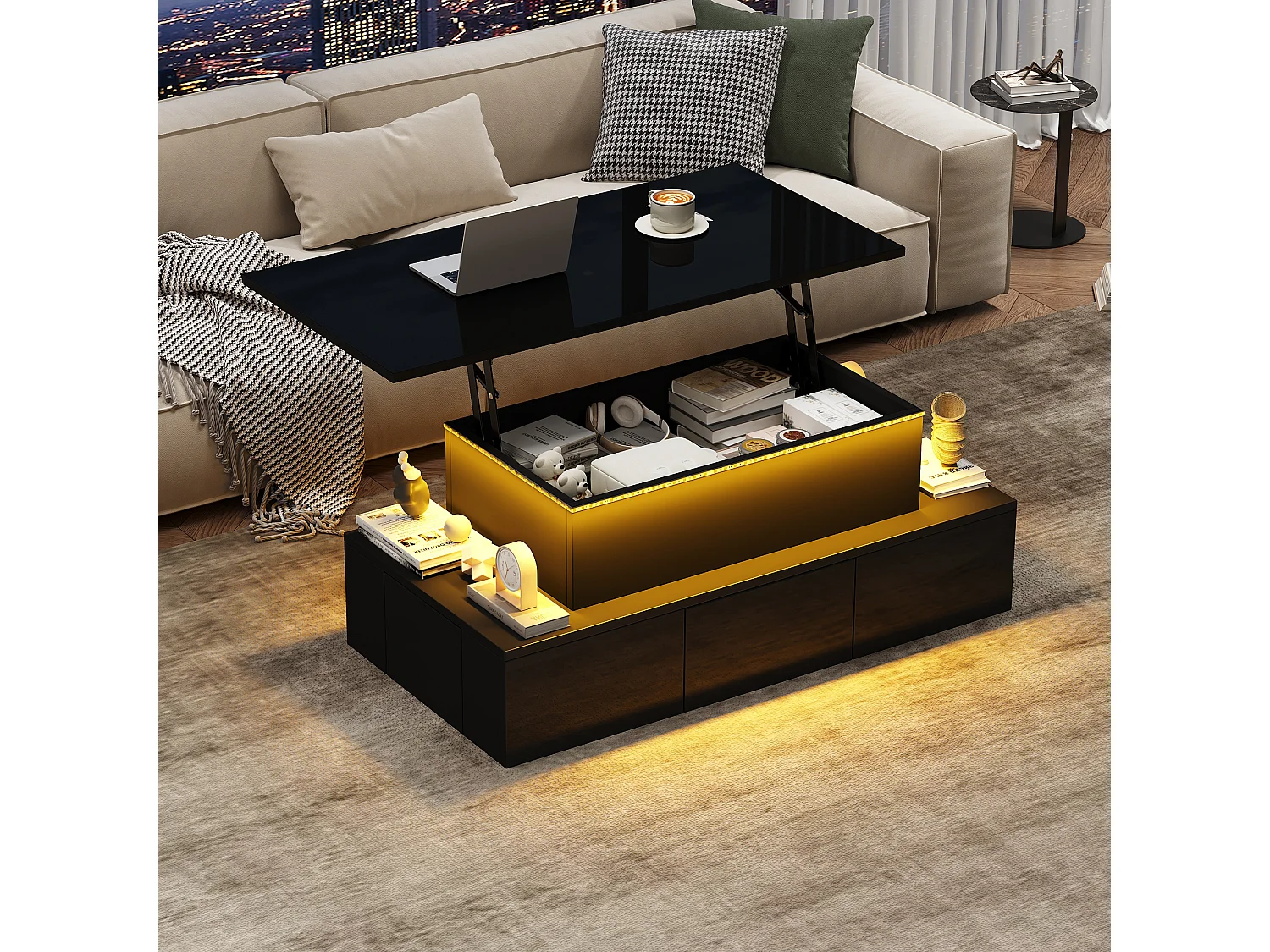 Table basse relevable - 100 x 50 x 40cm - avec 4 tiroirs + Leds + rangement caché - MDF - noir