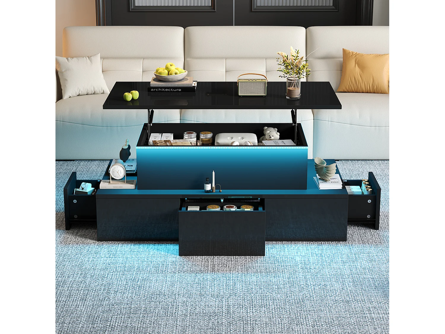 Table basse relevable - 100 x 50 x 40cm - avec 4 tiroirs + Leds + rangement caché - MDF - noir