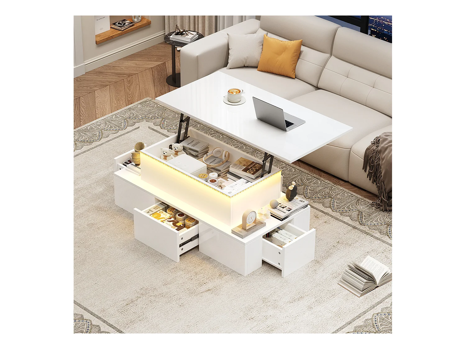 Table basse relevable - 100 x 50 x 40cm - avec 4 tiroirs + Leds + rangement caché - MDF - blanc