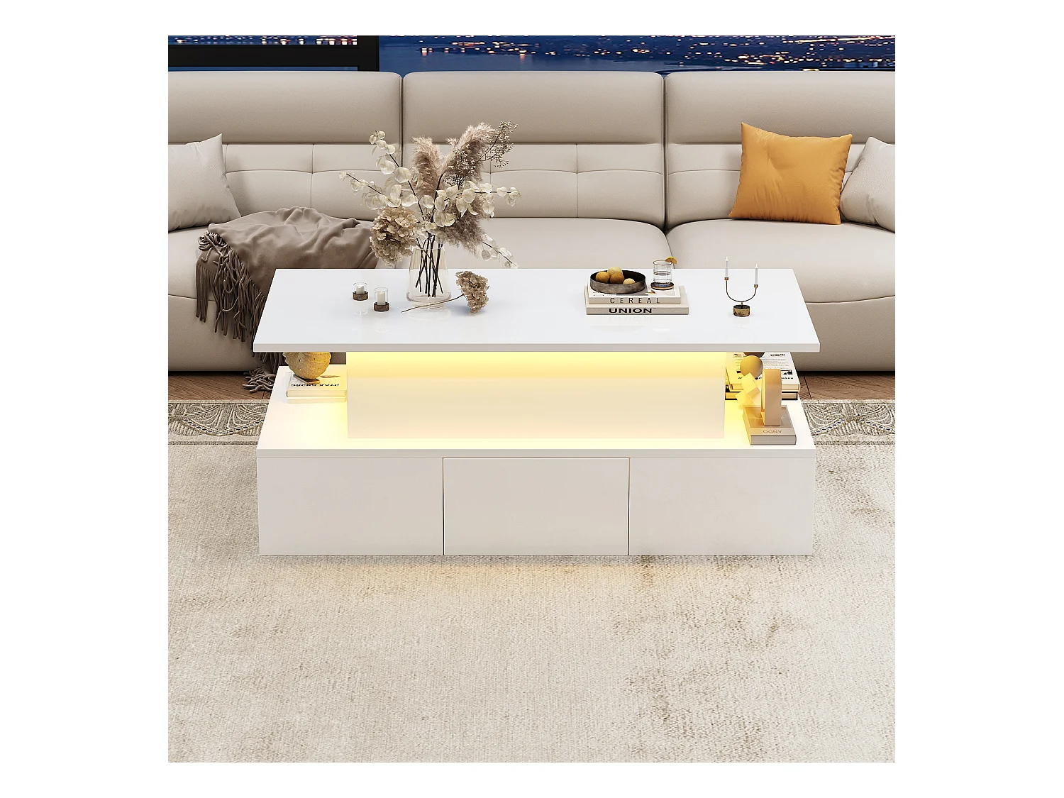 Table basse relevable - 100 x 50 x 40cm - avec 4 tiroirs + Leds + rangement caché - MDF - blanc