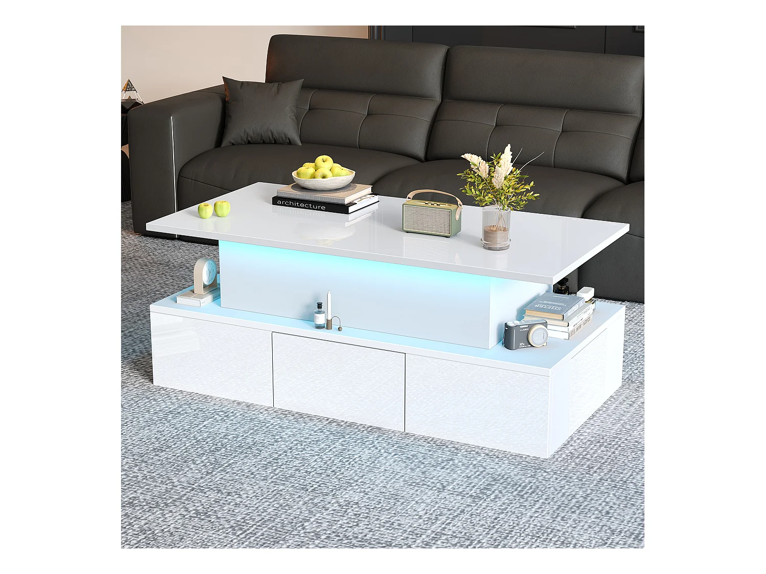 Table basse relevable - 100 x 50 x 40cm - avec 4 tiroirs + Leds + rangement caché - MDF - blanc