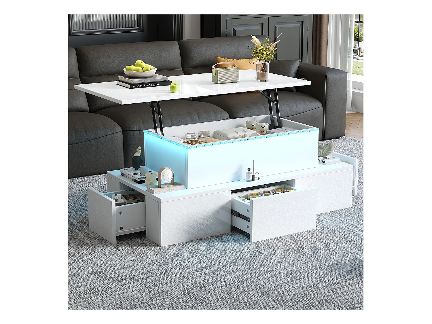 Table basse relevable - 100 x 50 x 40cm - avec 4 tiroirs + Leds + rangement caché - MDF - blanc