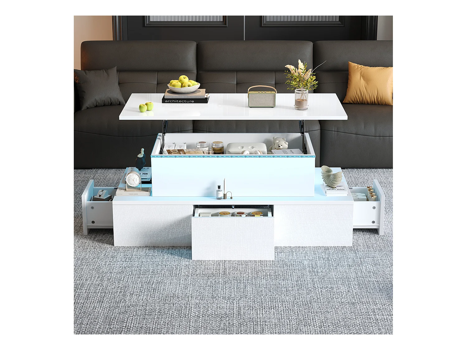 Table basse relevable - 100 x 50 x 40cm - avec 4 tiroirs + Leds + rangement caché - MDF - blanc